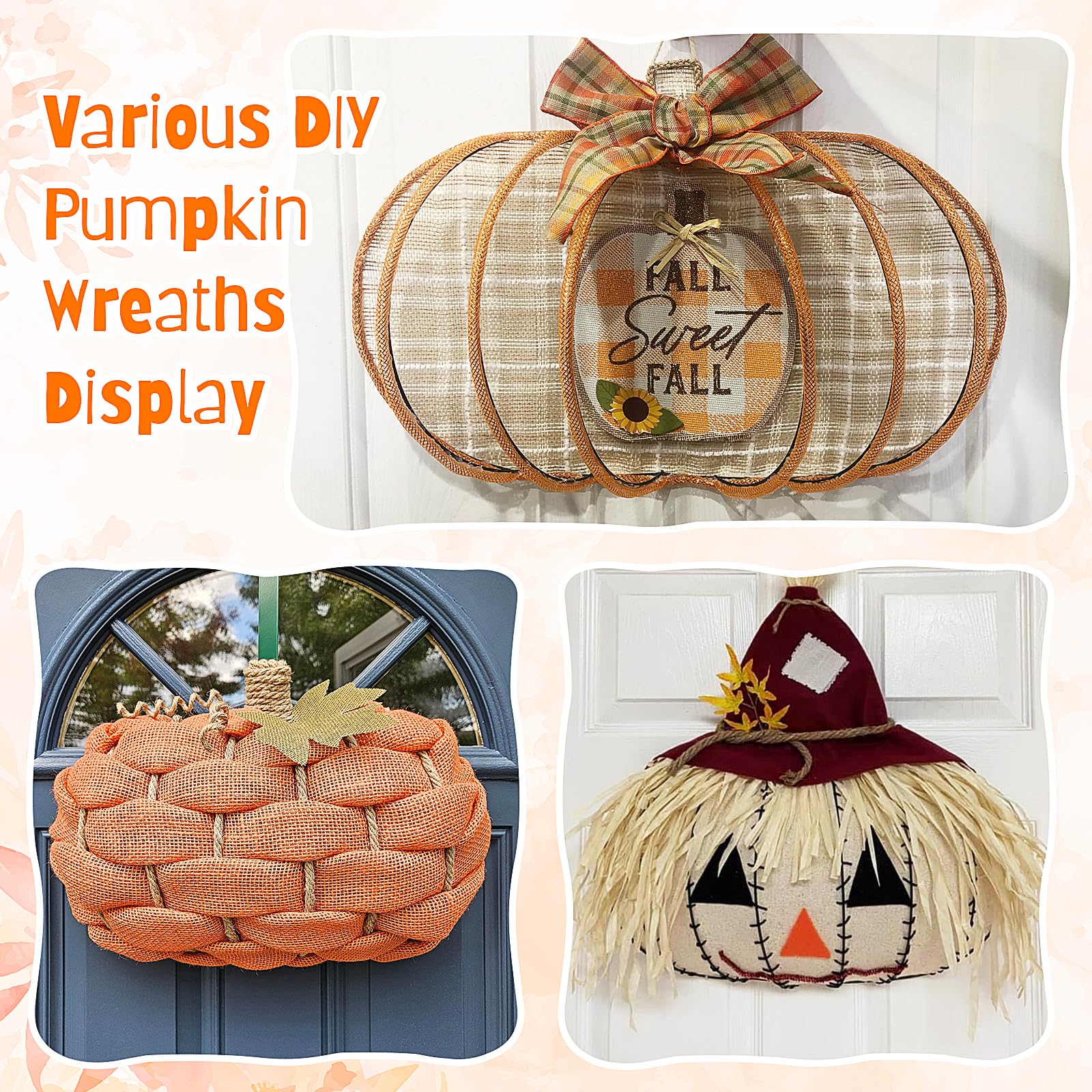 Hotop 10 Pcs 10 x 7.3 Inches Thanksgiving Pumpkin Shaped Metal Wreath Form Fall Wire Floral Frame Halloween 3D Pumpkin Wreath In
