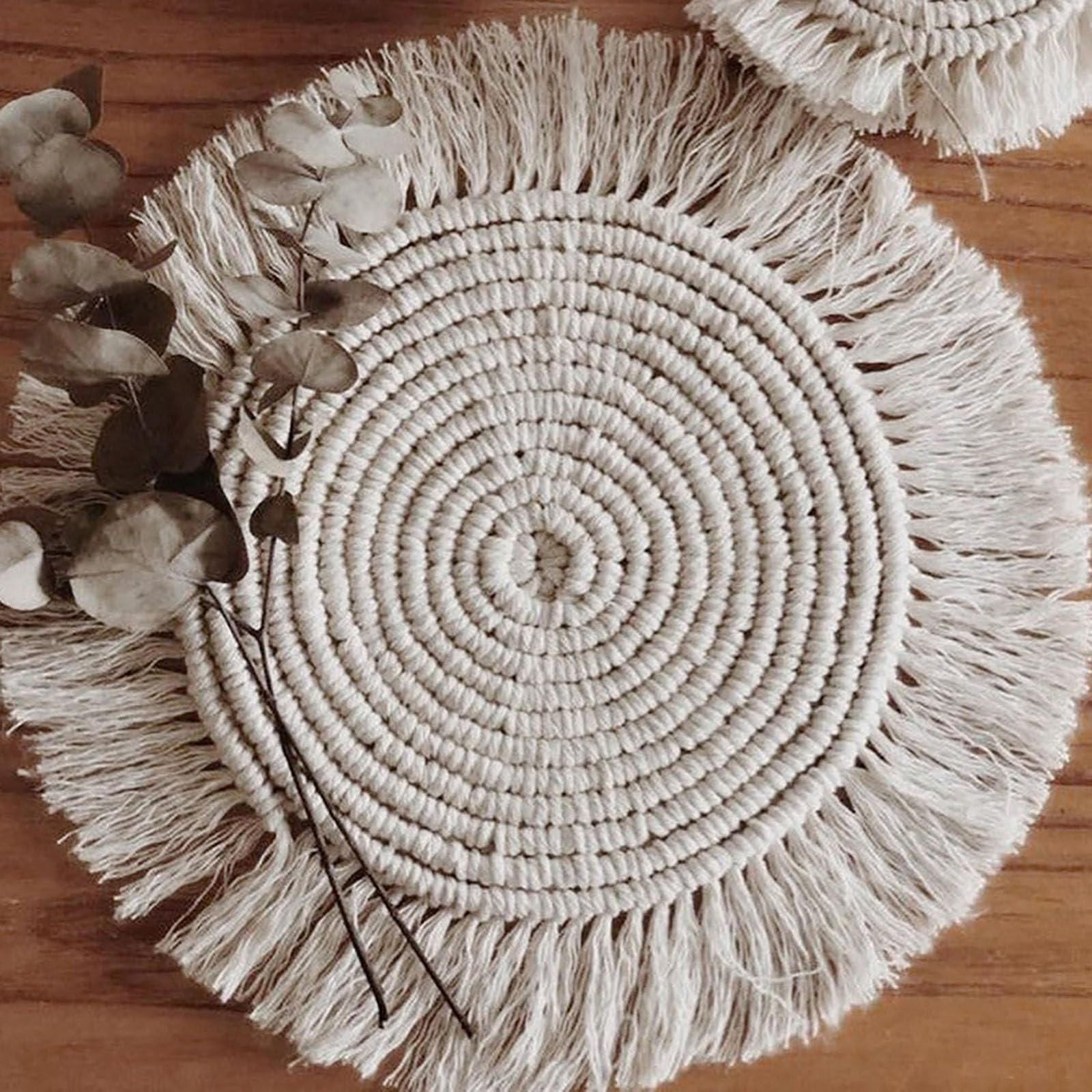 2 Pcs Pot Holder Macrame Handmade Cotton Woven Boho Placemats Tassels Table Mats Coaster Hot Dishes Round Braided Placemats For