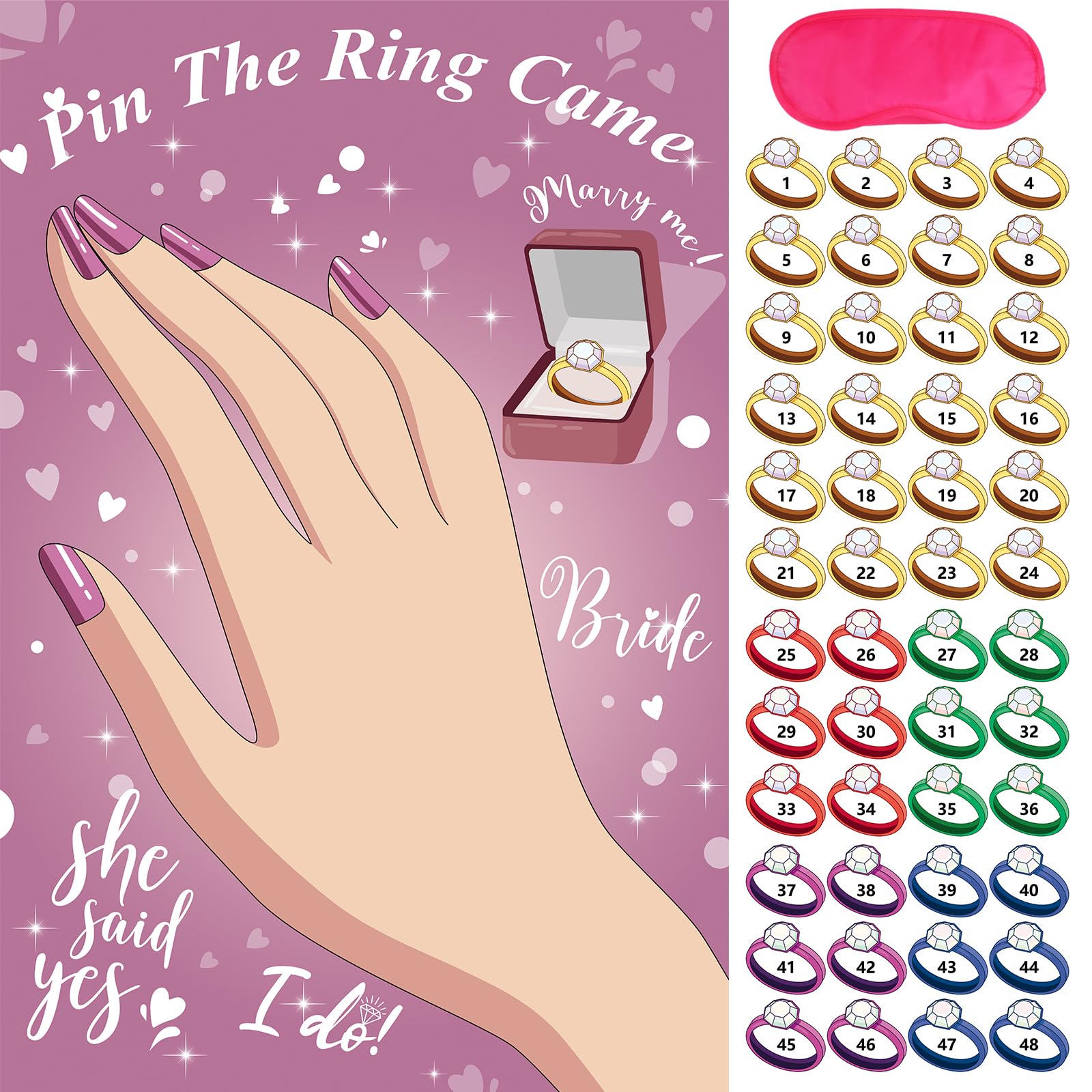Hxezoc Pin The Ring On The Bride Game With 48 Pcs Rings, Large Bridal Party Games Poster For Bachelorette Party, Bridal Shower,
