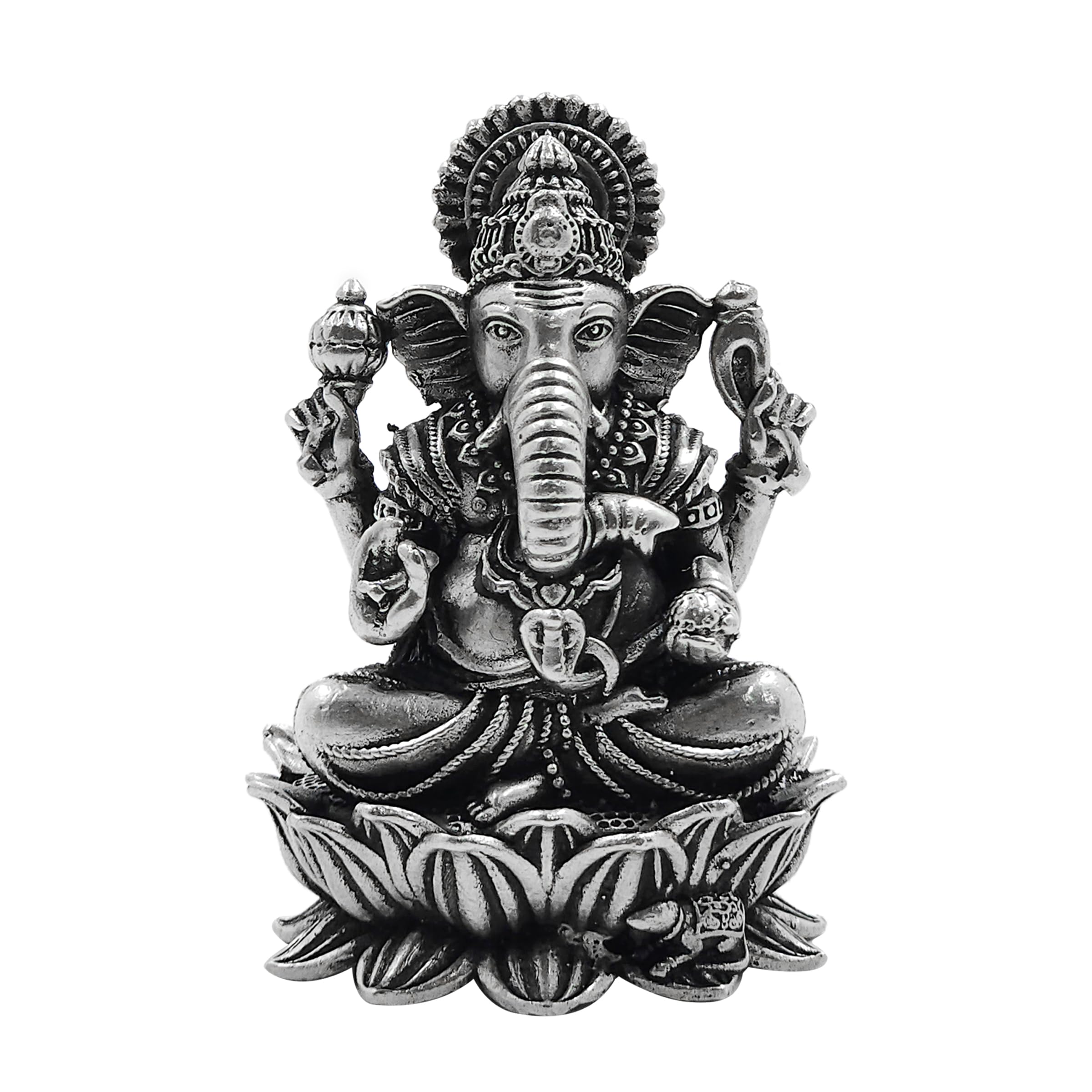 Maa Silver Pure Silver Lord Ganesh/Ganpatiji Semi-Solid Idol/Murti On Lotus/Kamal With Antique Oxidized Finish Perfect For Pooja