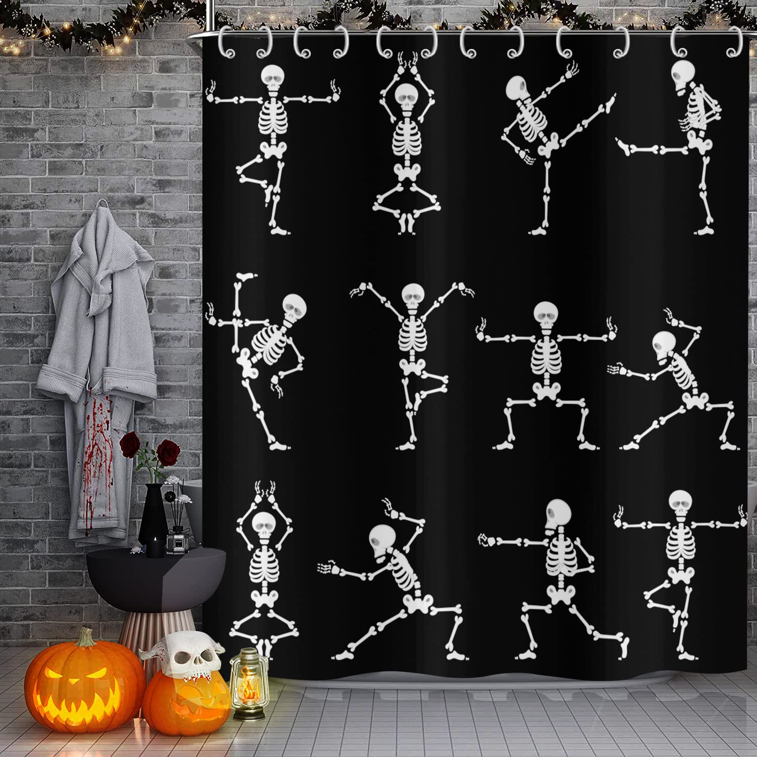 Gcirec Halloween Shower Curtain, Cartoon Funny Skull Skeleton Dancing Bathroom Curtain Halloween Party Retro Bath Curtain Waterp