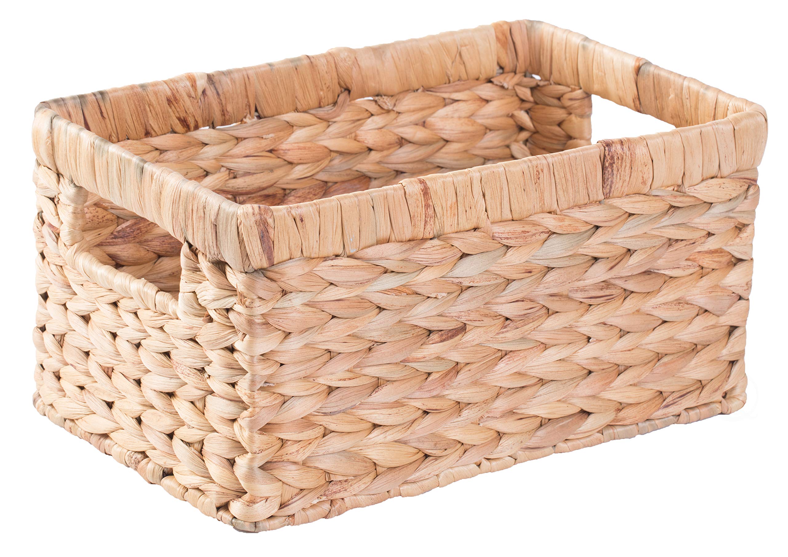 Natural Woven Water Hyacinth Wicker Rectangular Storage Bin Basket With Handles, Small