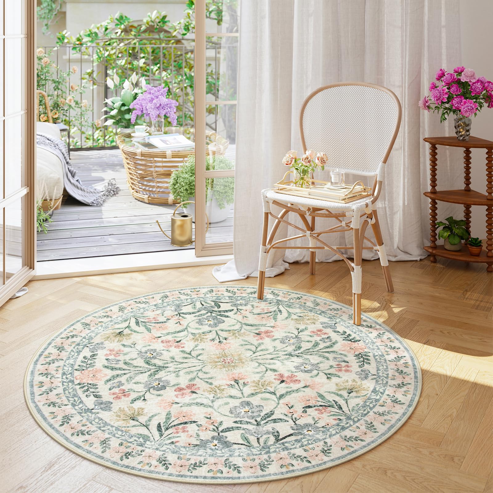Wonnitar Floral Round Rugs 6ft, Boho Large Machine Washable Circle Rug, Low Pile Soft Flower Botanical Print Beige Round Carpet 