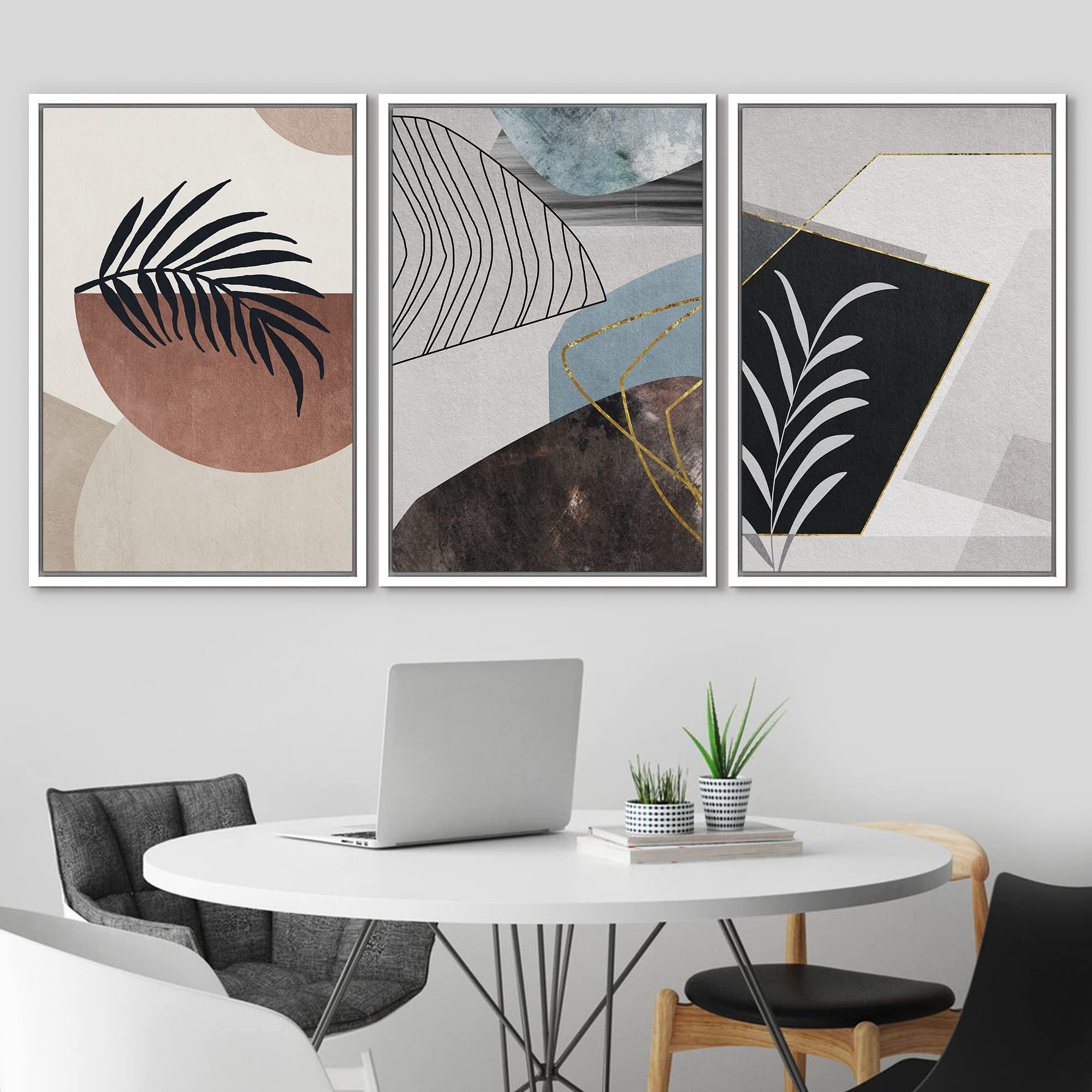 Idea4Wall Framed Canvas Print Wall Art Set Geometric Mid-Century Palm Leaf Collage Abstract Nature Illustrations Modern Art Nord