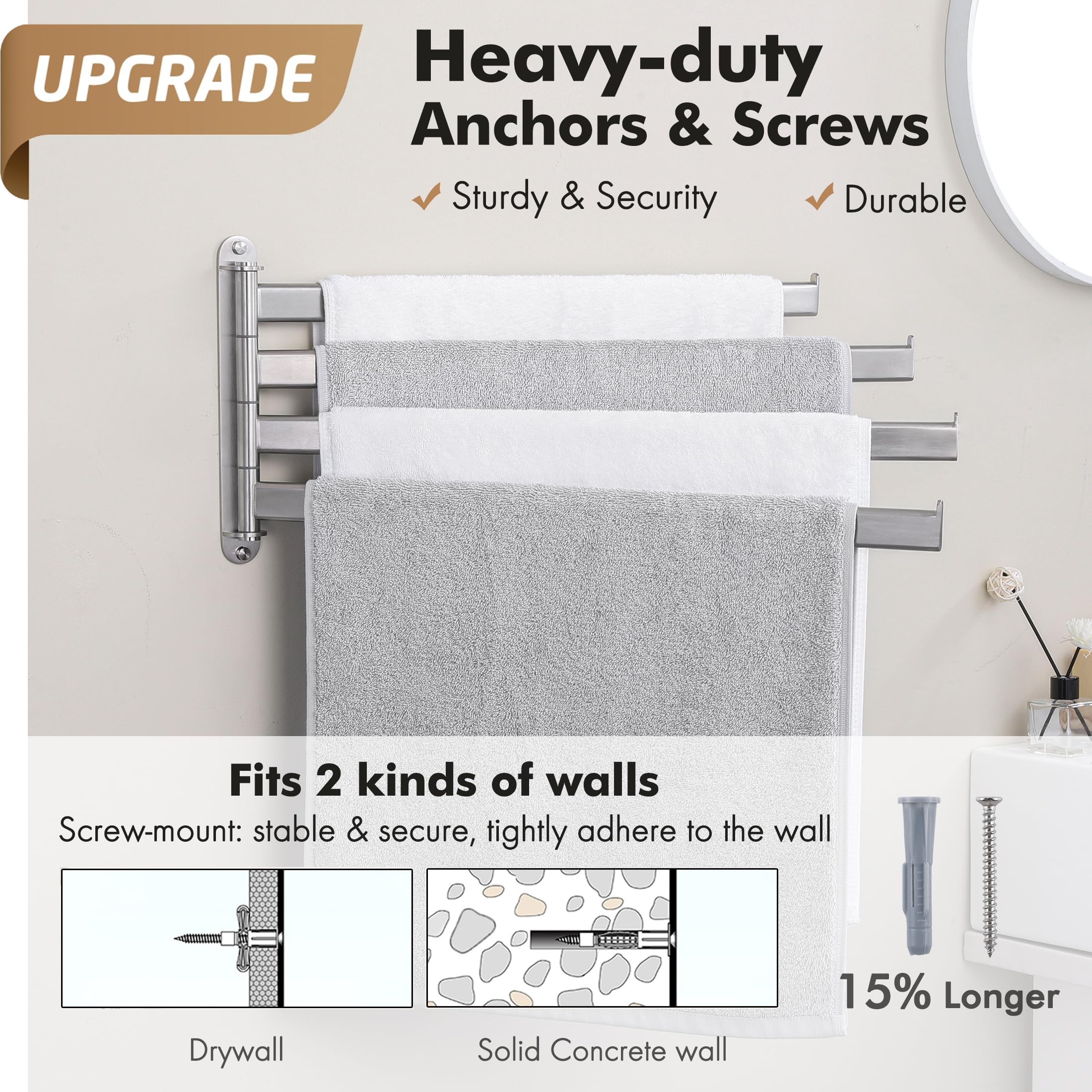 KES Bathroom Towel Rack  19.5'' Swivel Towel Bar  4-Arm Towel Holder for Bathroom Wall  SUS304 Stainless Steel Brushed Finish  A2104S4L50-2