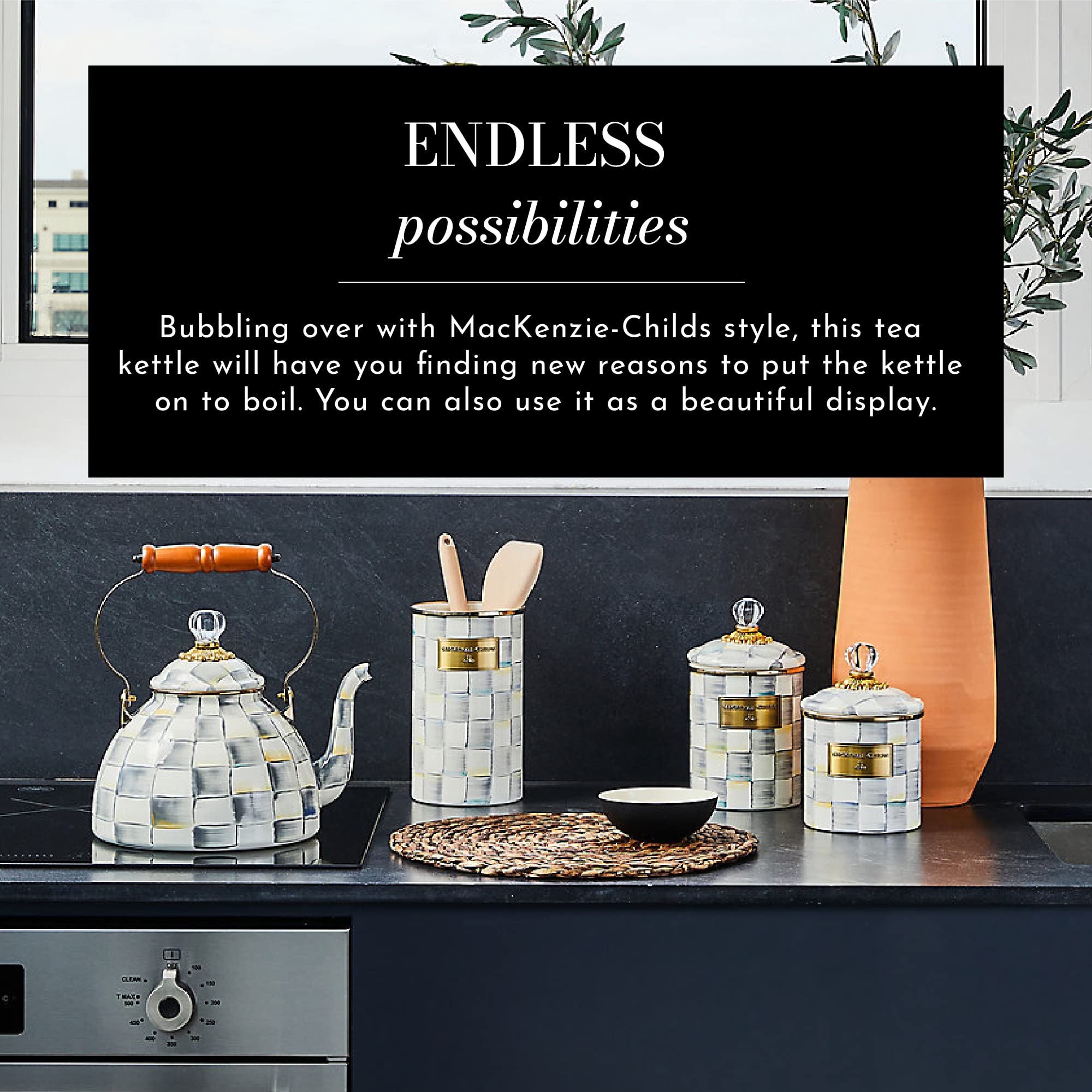 Mackenzie-Childs Sterling Check Enamel Tea Kettle, Decorative Tea Kettle, 3-Quart Capacity