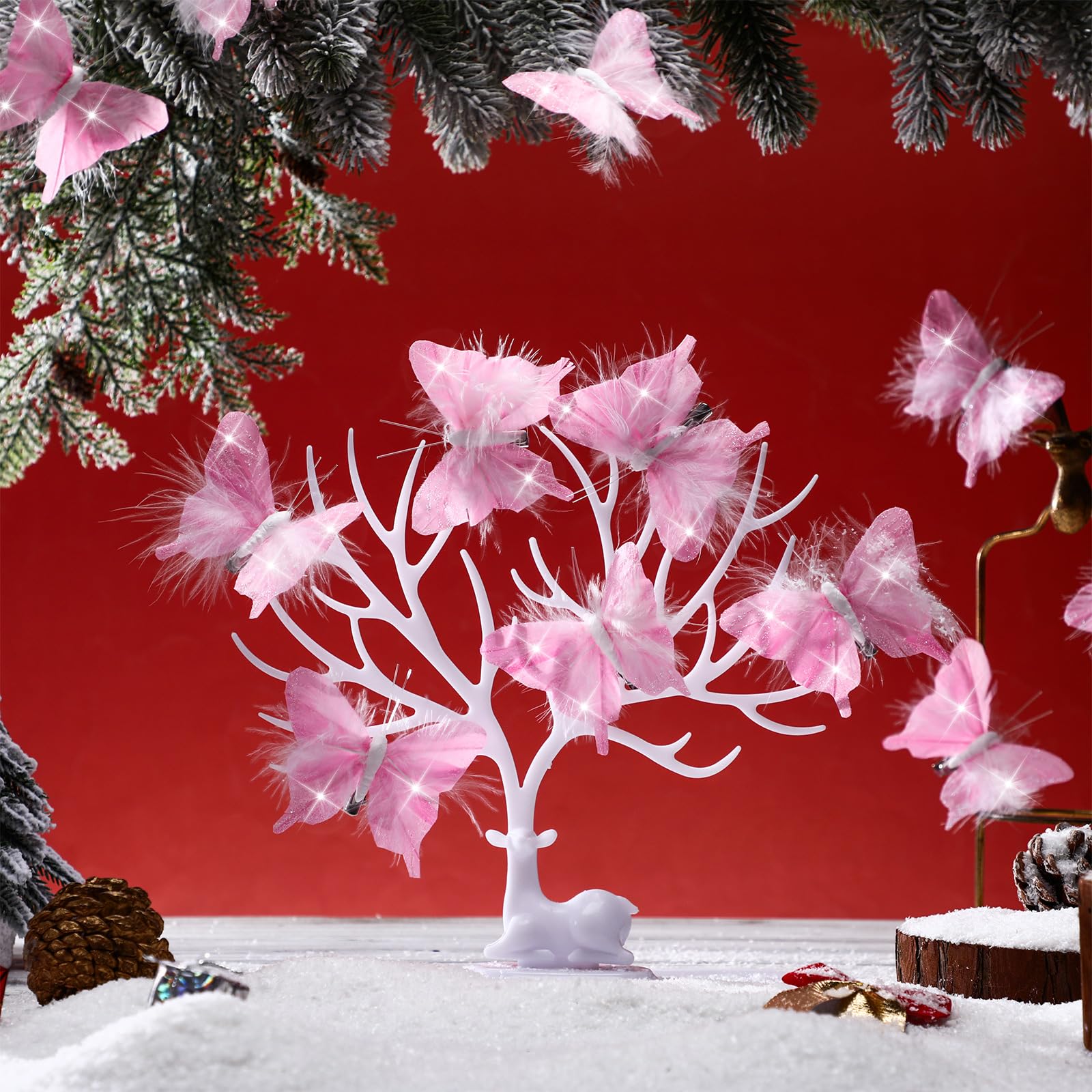 Knitgrip 24 Pcs Christmas Tree Glitter Butterflies Ornaments White Feather Butterfly with Glitters Clip on Artificial Butterflie