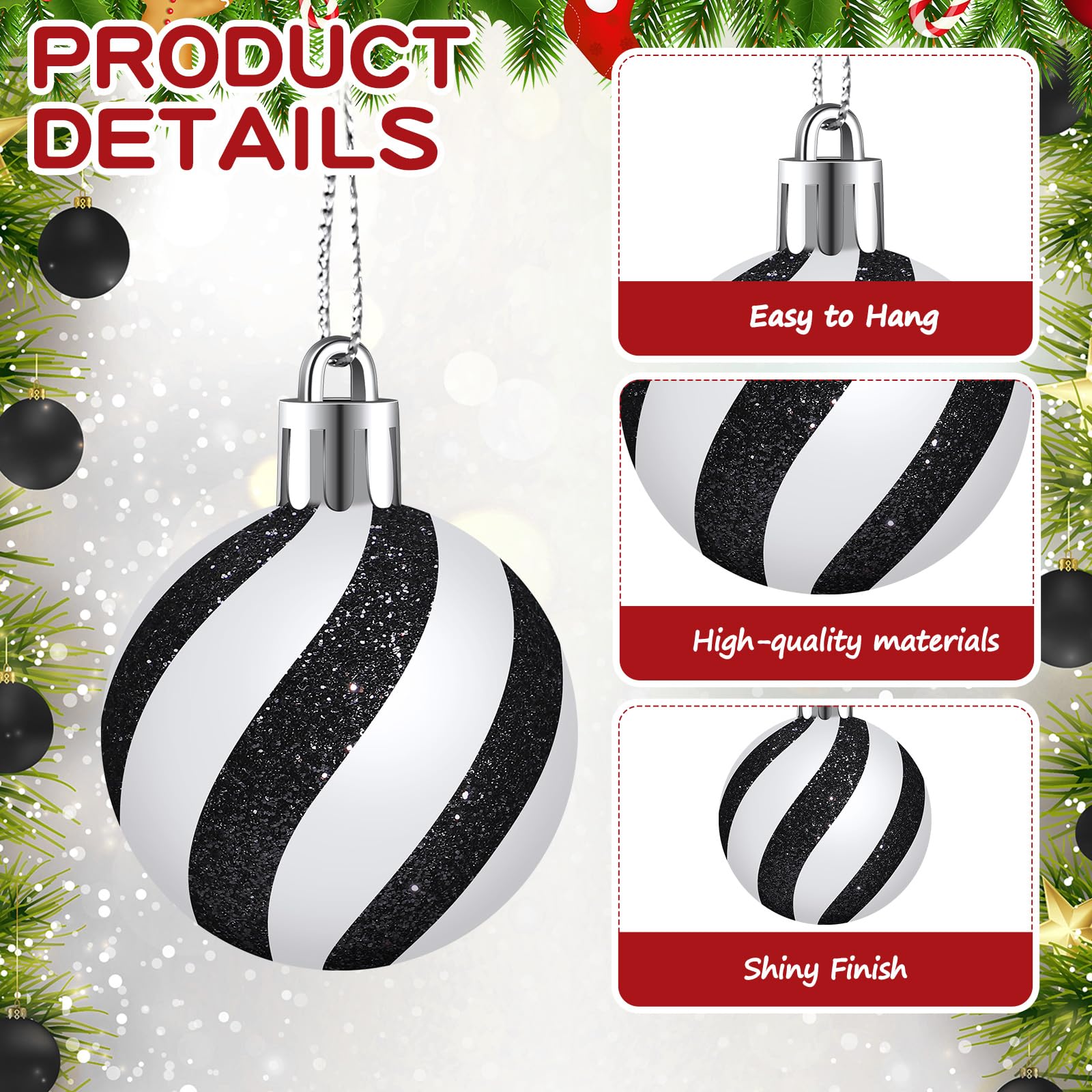 Motionchic 24 Pcs Christmas Black and White Ball Ornaments Hanging Glitter Shatterproof Balls Mini Plastic Christmas Tree Stripe