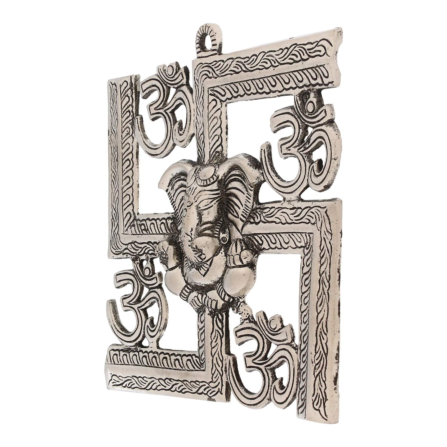 Ecraftindia Lord Ganesha On Om Swastik Metal Silver Wall Hanging