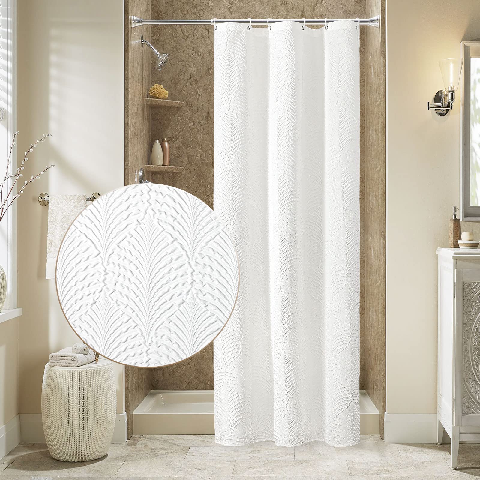 Gibelle Small Stall Shower Curtain, Narrow Half 3D Embossed Textured White Fabric Shower Curtain, Modern Farmhouse Chic Soft Clo