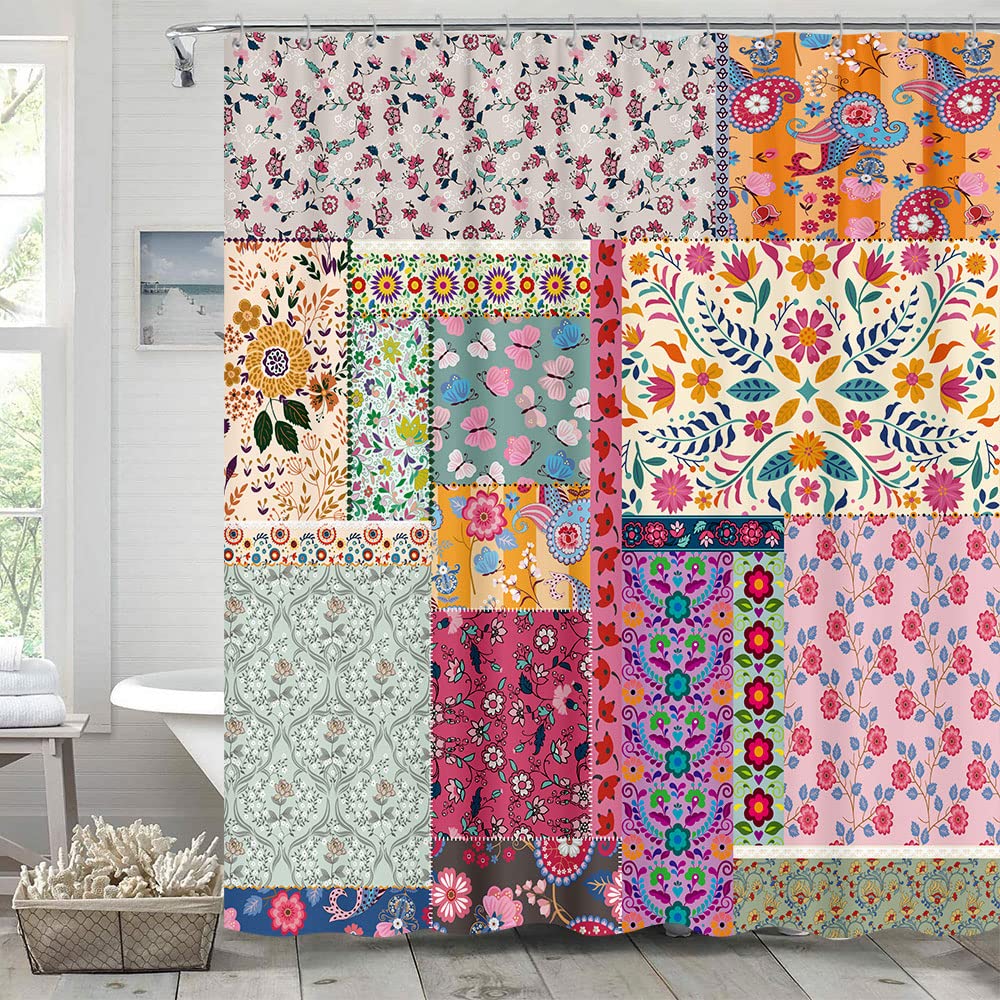 Boho Patchwork Shower Curtain, Vintage Bohemian Paisley Stitching Floral Shower Curtain Art With Hooks, Retro Farmhouse Cottage