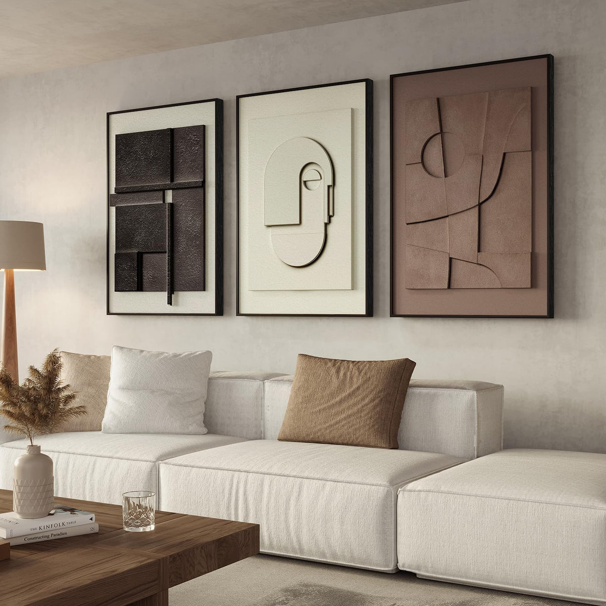 Large Framed Abstract 3D Textured Wall Art For Living Room, 3-Piece Modern Neutral Artwork For Walls, Geometric Brown White Text