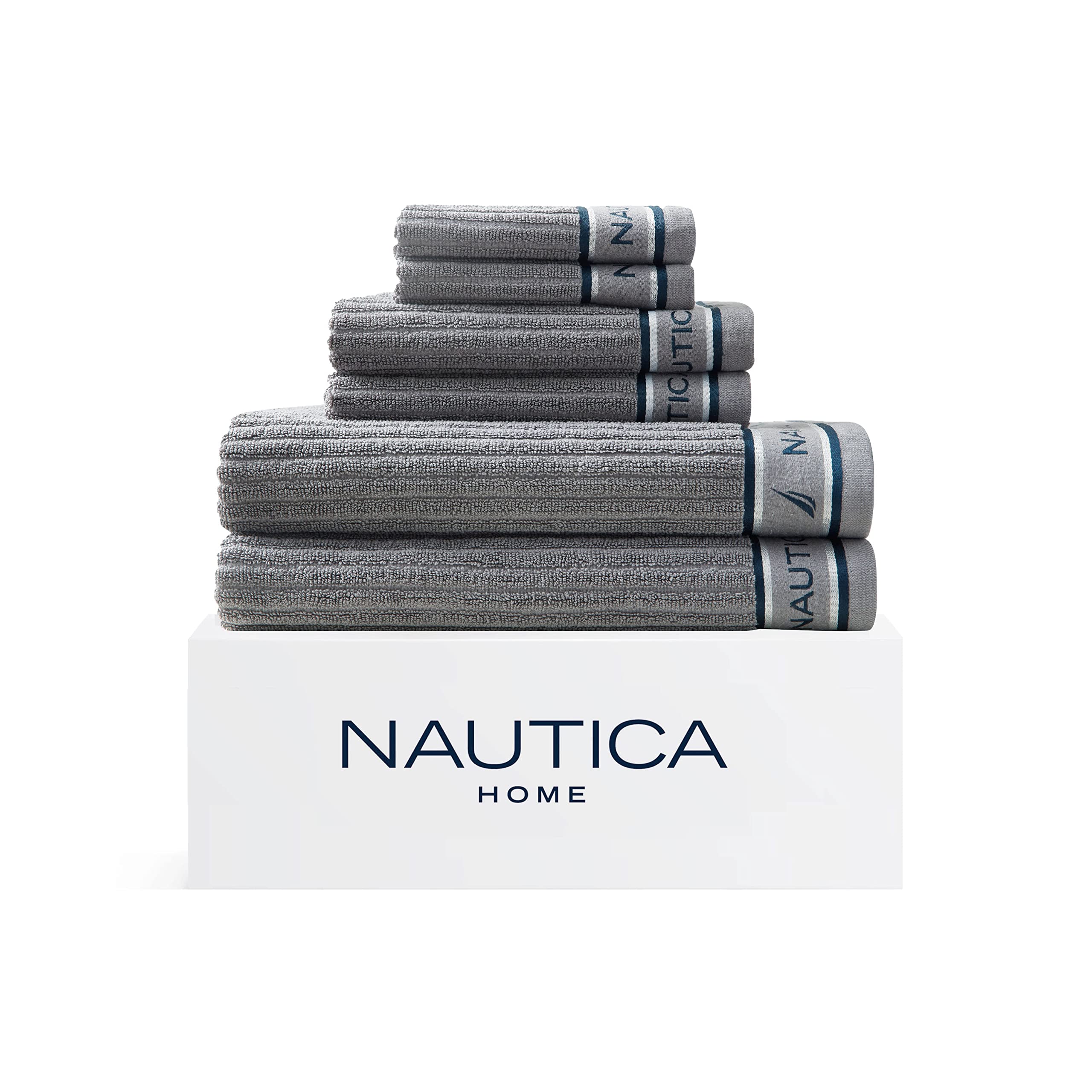 Nautica - Bath Towels, Soft Absorbent Cotton, Modern Bathroom Essentials, Oeko-Tex Certified (Signature Grey, 6-Piece)