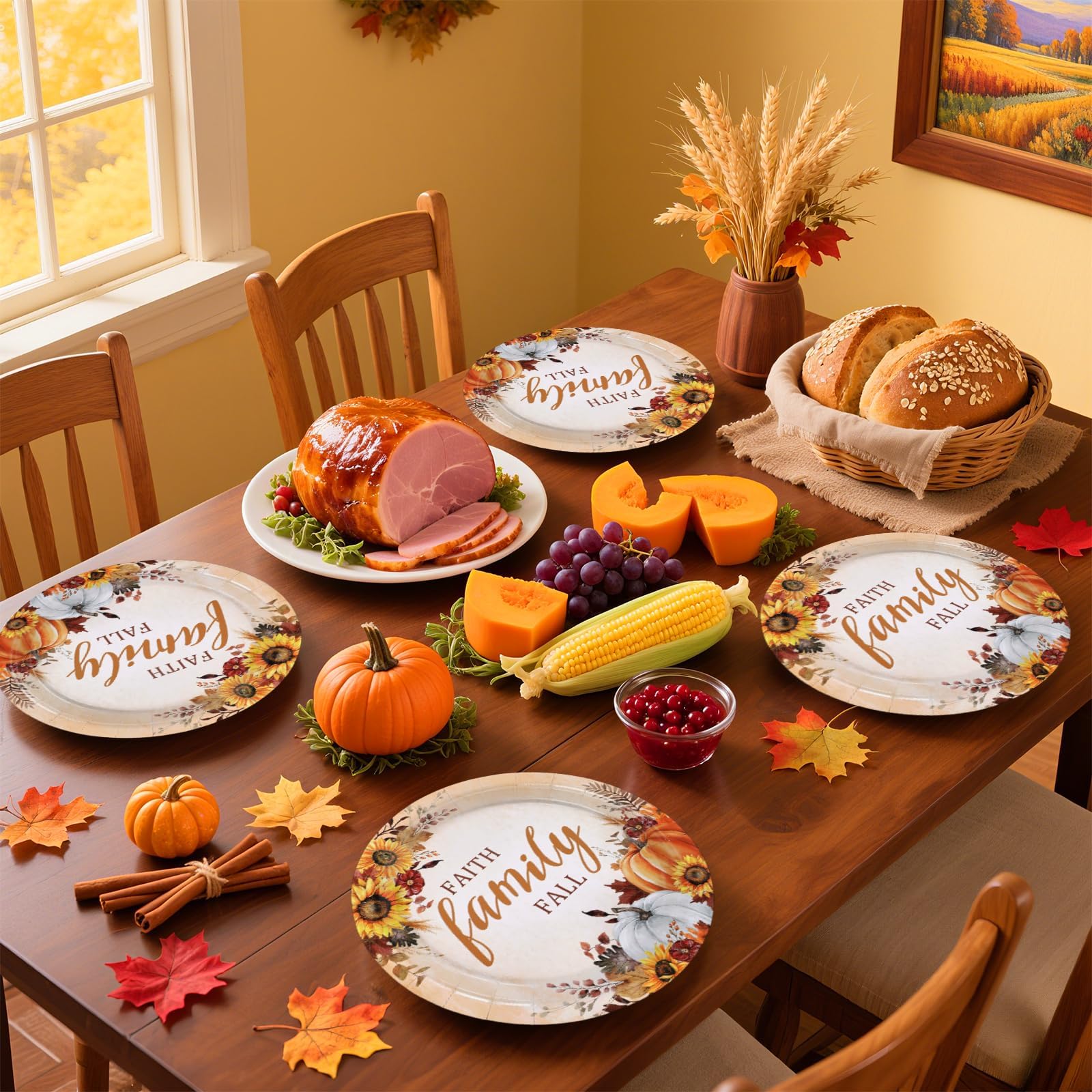 Grencian 50Pcs Fall Faith Family Party Plates 9in Disposable Heavy Duty Fall Pumpkin Sunflower Desert Paper Plates for Autumn Th