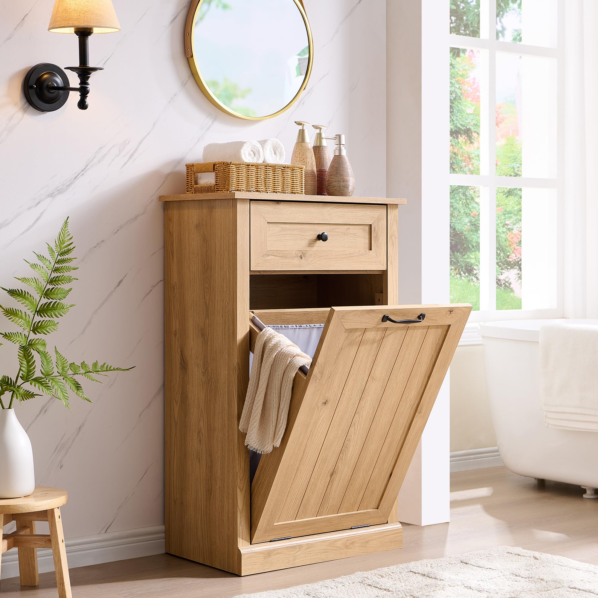 Ifbuy Tilt Out Laundry Hamper Cabinet, 10 Gallon Farmhouse Trash Can Cabinet With Drawer, Hidden Wood Garbage Can Bin Cabinets W