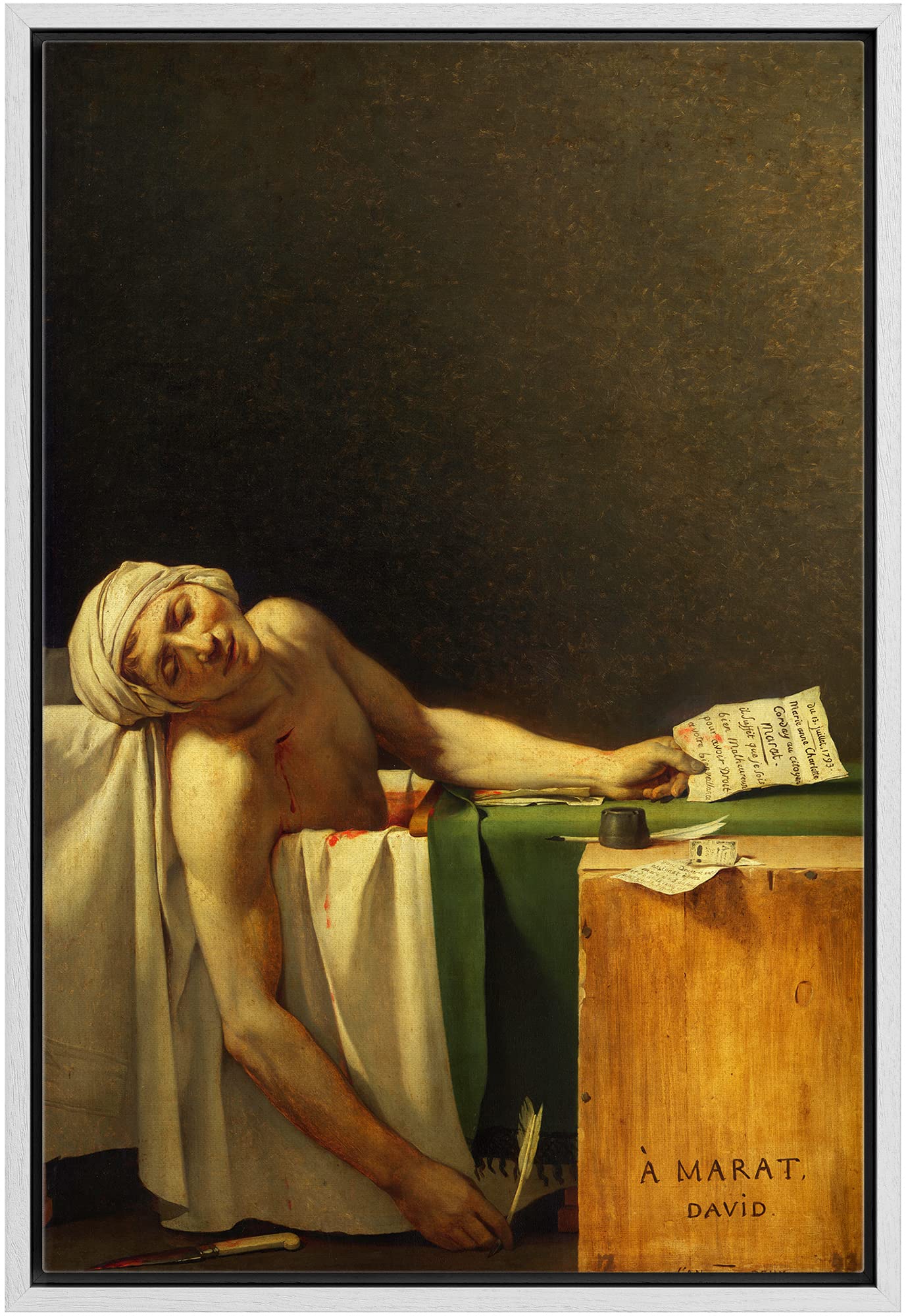 Wall26 - The Death Of Marat By Jacques-Louis David - Framed Canvas Print Wall Art Famous Painting Reproduction - 24''X36'' White