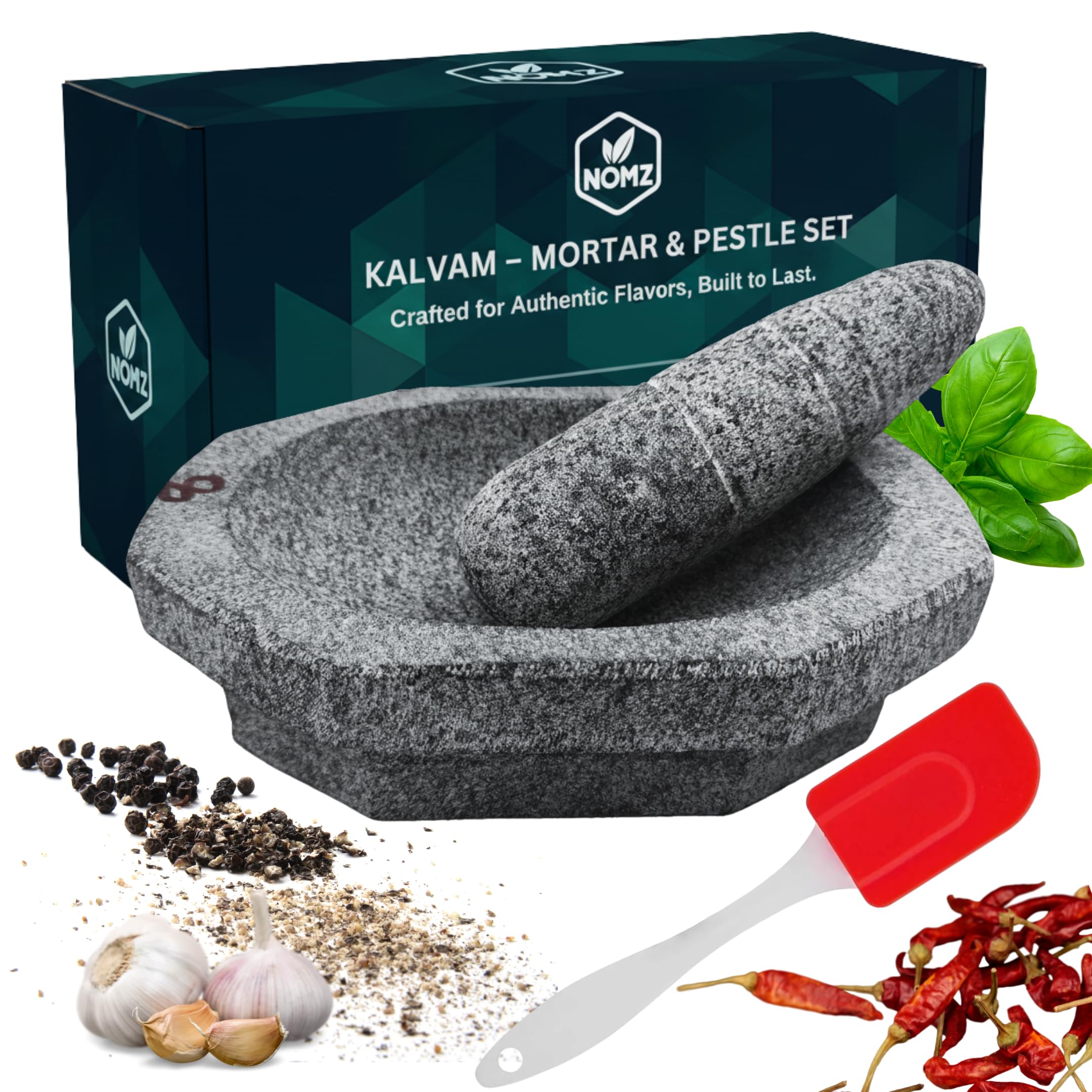 Nomz Kalvam Stone Mortar And Pestle Set With AntiSlip Pad & Silicone Spatula  2.8 Kg Medium, 8 Inch Block Shape  Khalbatta/Si