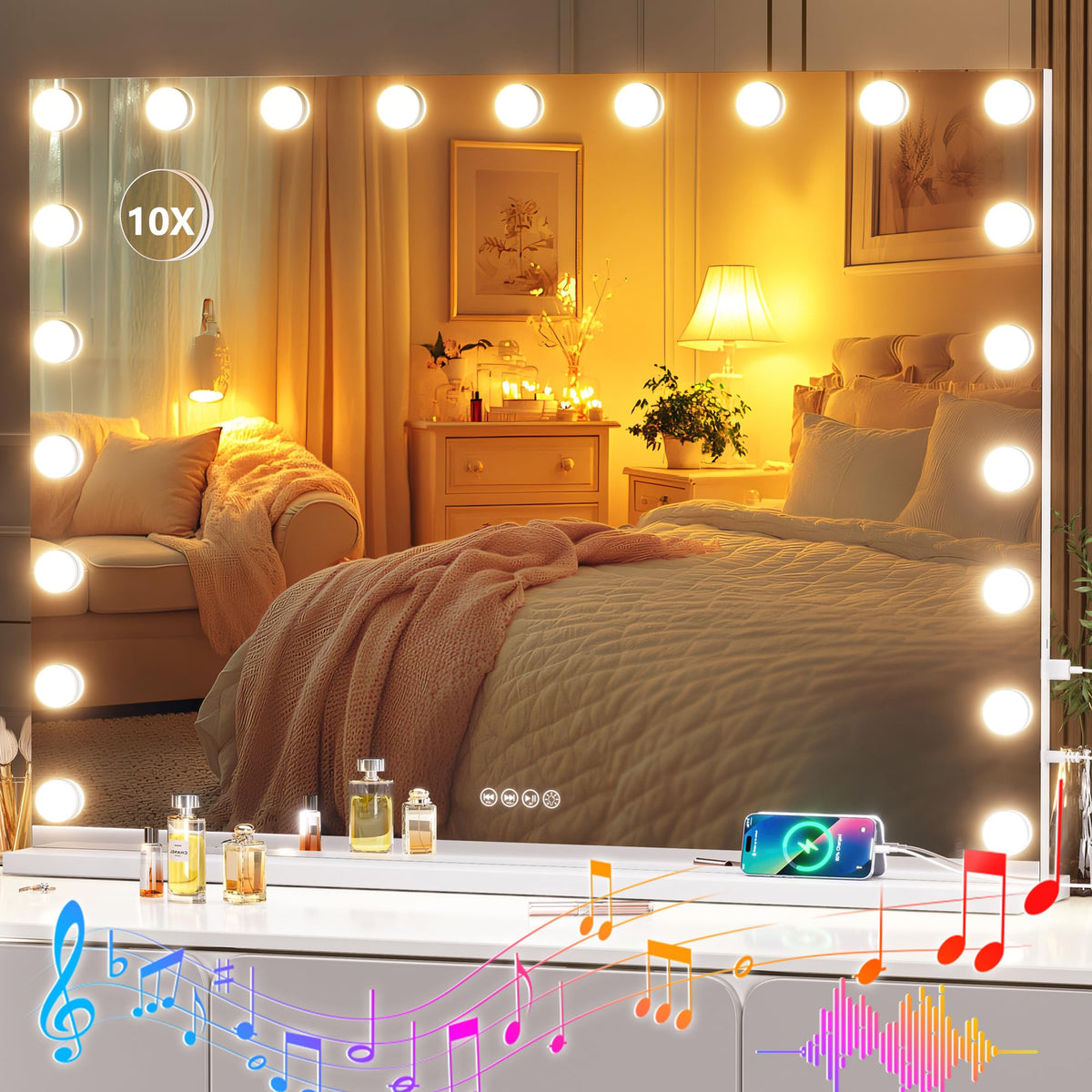 Hasipu Vanity Mirror With Lights And Bluetooth Speaker, 40'' X 29'' Hollywood Makeup Mirror With 21 Dimmable Bulbs And 10X Magni