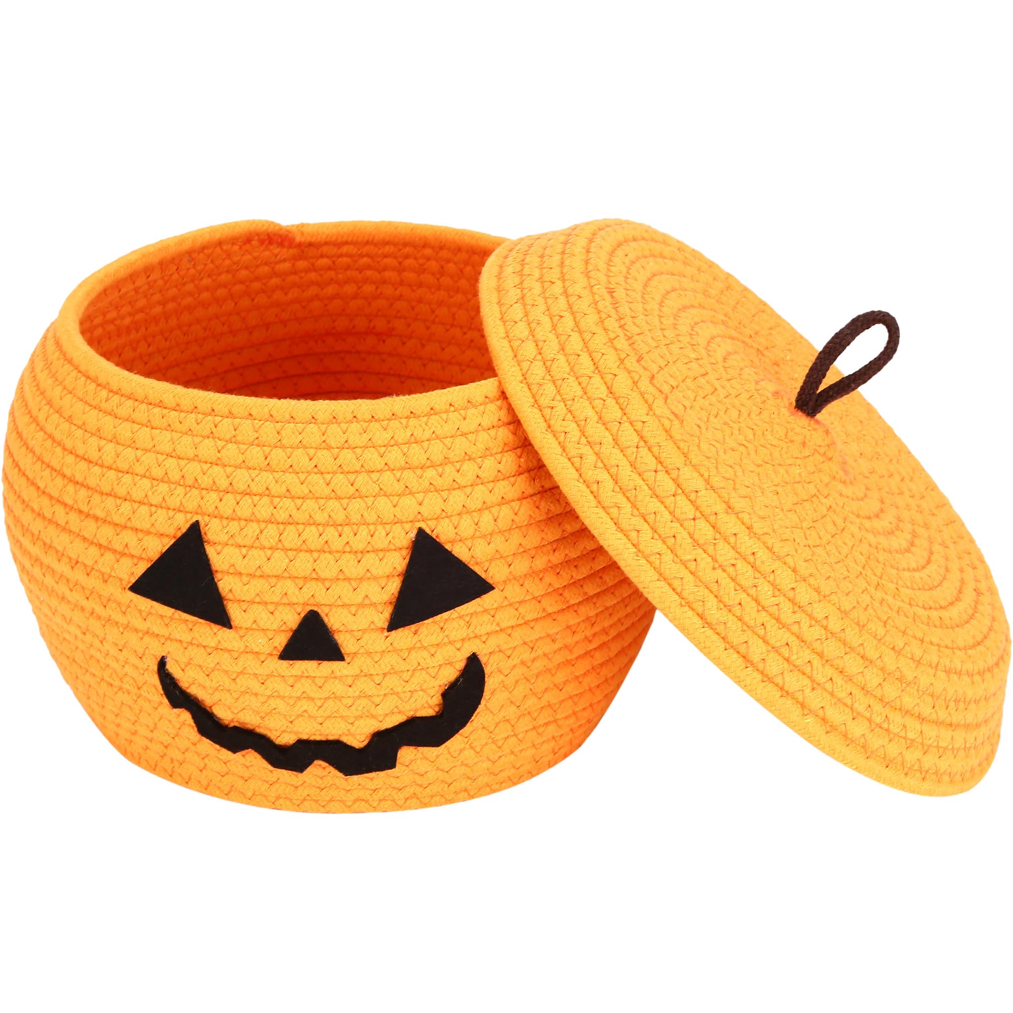 Sea Team Round Cotton Rope Storage Basket with Lid, Halloween Pumpkin Woven Storage Bin, Pot, Caddy, Organizer, Container for Sn
