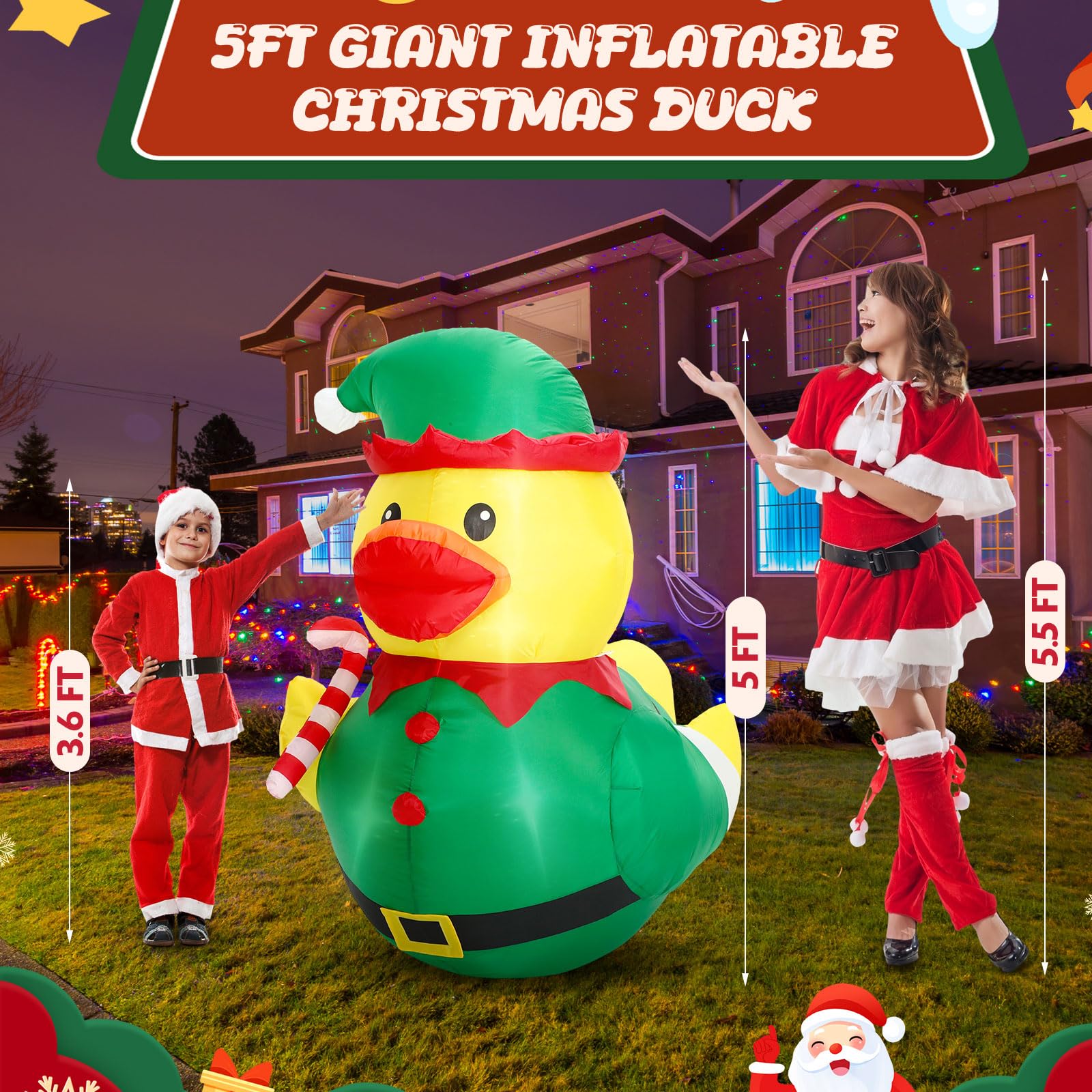 Leyndo 5FT Christmas Inflatables Decoration Outdoor Giant Christmas Elf Duck Inflatables Blow Up Duck with Build-in LEDs Lights
