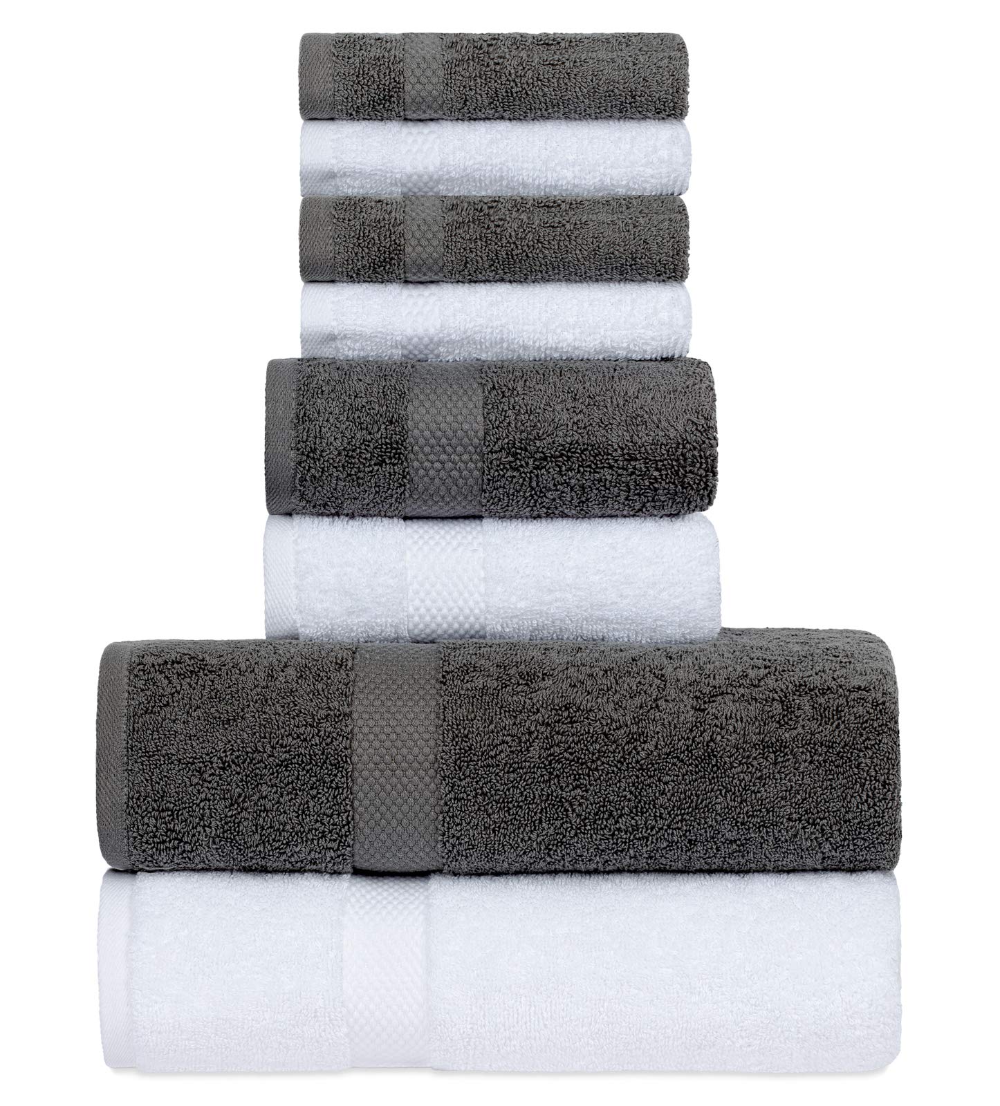 White Classic Luxury Grey White Bath Towel Set - Combed Cotton Hotel Quality Absorbent 8 Piece Towels | 2 Bath Towels | 2 Hand T