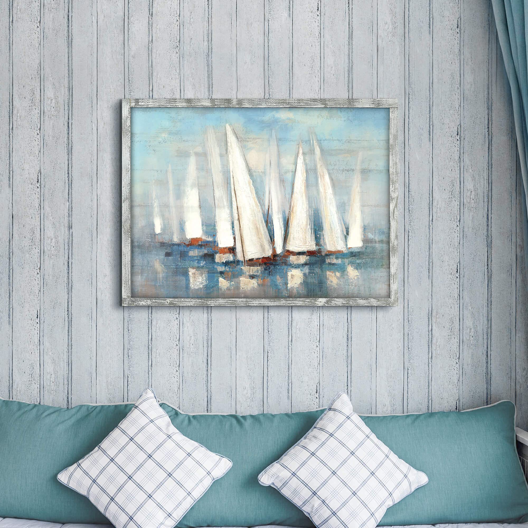 Coastal Framed Painting Wall Art: Abstract Ocean Artwork Seascape Picture Sailboat Prints On Wood In Modern Style For Bedroom 32