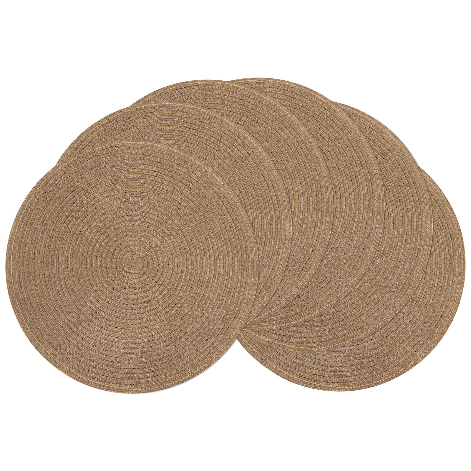 SHACOS Round Braided Placemats Set of 6 Washable Cotton Polyester 15 inch Round Table Place Mat for Dining Table (Brown, 6)