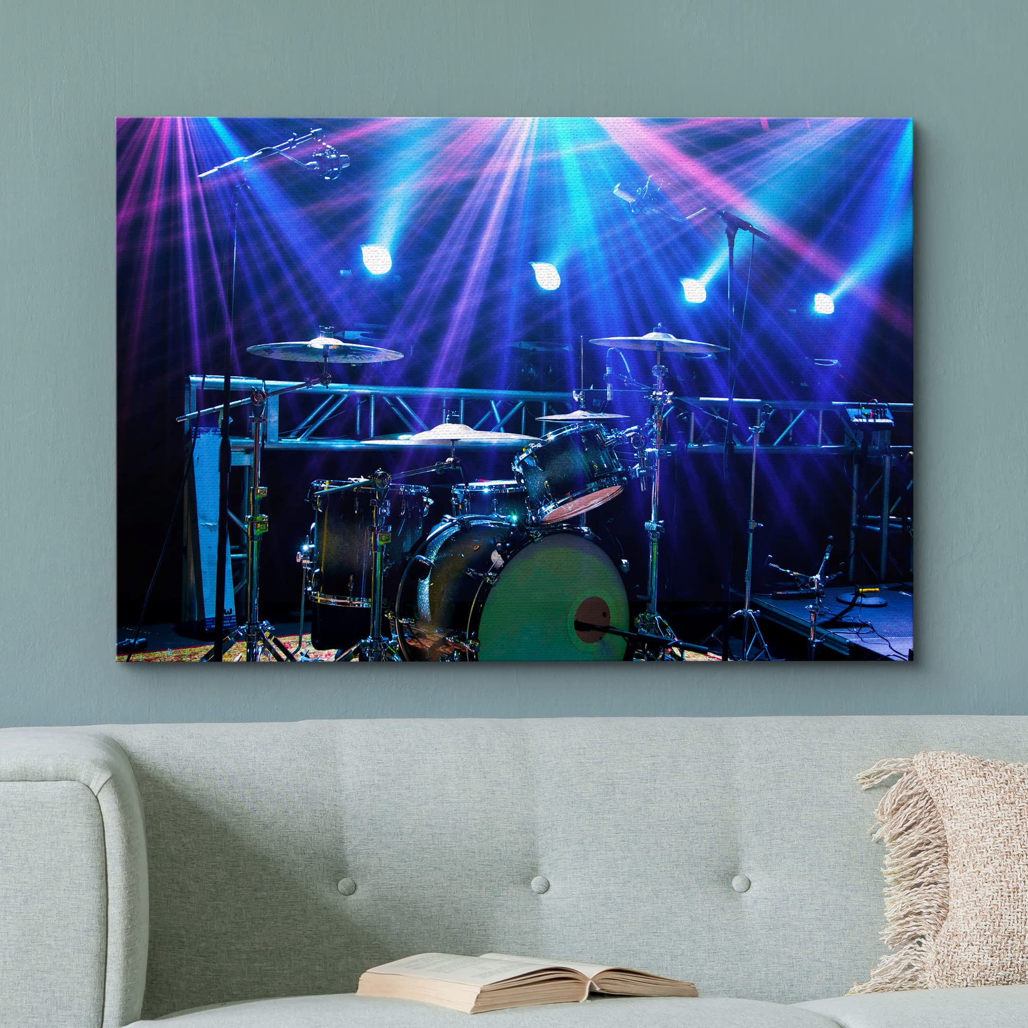 Wall26 Canvas Print Wall Art Vibrant Neon Lights Drum Set Cymbals Music Instruments Photography Realism Decorative Concert Multi