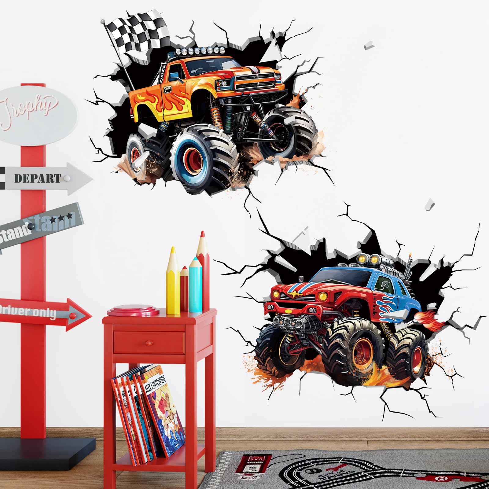 Decalmile 2 Large 3D Racing Cars Wall Decals Trucks Break Through Wall Stickers Boys Bedroom Kids Room Playroom Wall Decor
