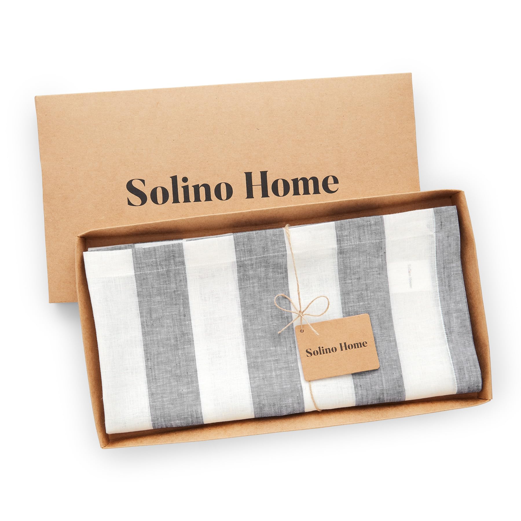 Solino Home Cabana Stripe Linen Tablecloth 52 X 52 Inch - 100% Pure Linen Grey And White Table Throw For Spring, Easter - Handcr