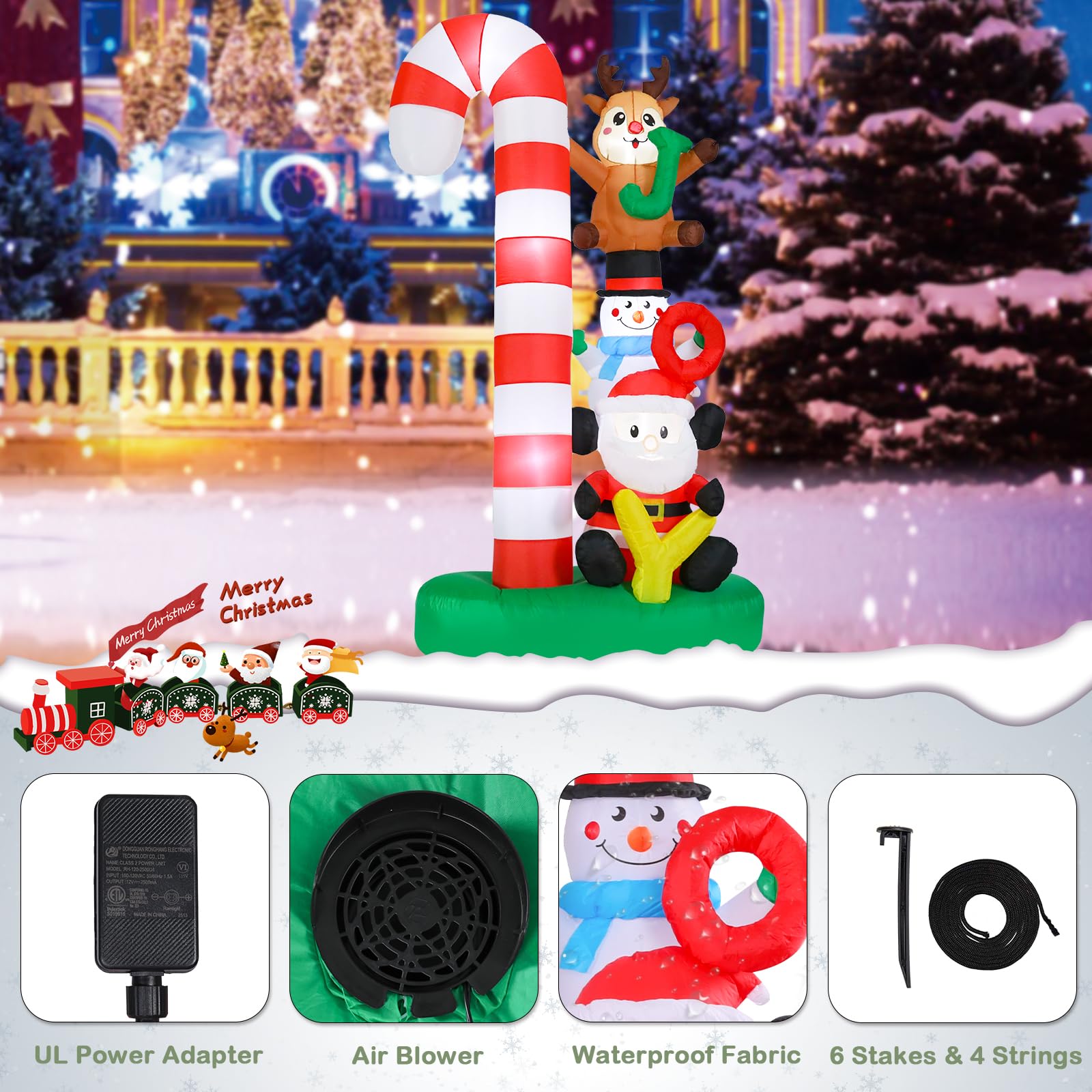 Risenor 7.8 FT Height Christmas Inflatables Candy Cane with Santa Snowman Reindeer Outdoor Decorations, Inflatables Christmas Bl