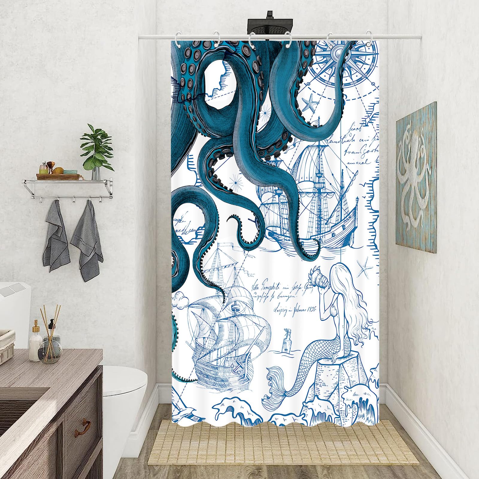 Fungarth Stall Blue Nautical Octopus Shower Curtain Navy Mermaid Funny Ocean Kraken Shower Curtains For Bathroom Cool Anchor Coa