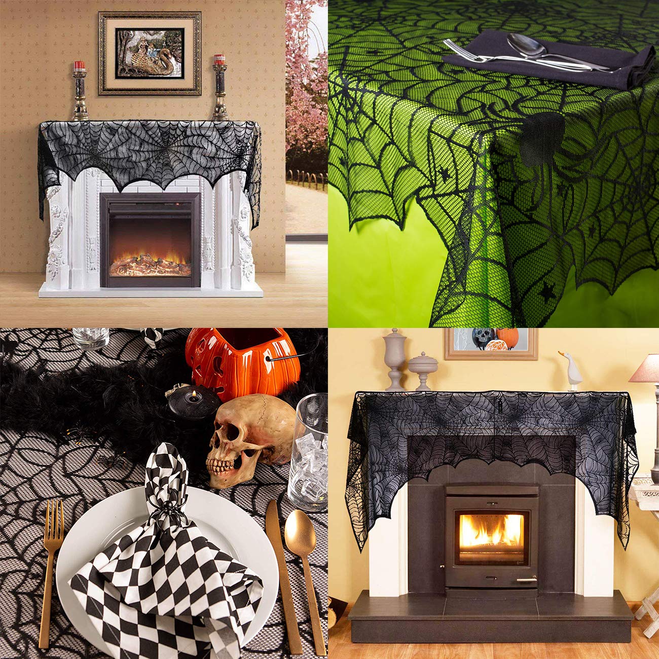 Sunnyglade Halloween 18''X96'' Lace Spiderweb Fireplace Mantle Cover Fireplace Scarf & 54''X72'' Rectangular Black Spider Web La