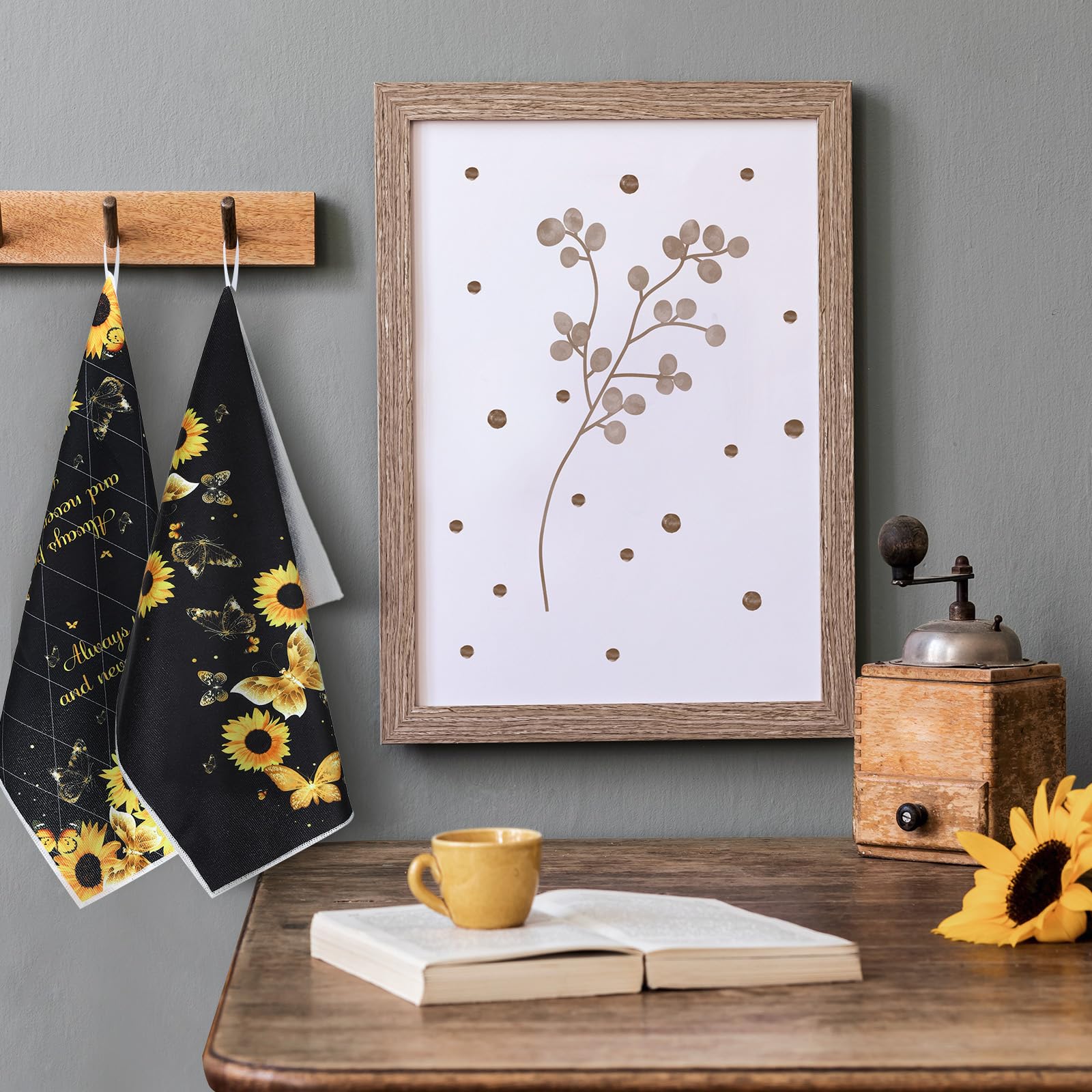 Bencailor 4 Pcs Sunflower Kitchen Towels Christmas Butterfly Flower Hand Dish Towels Black Yellow Floral Fast Drying Absorbent D