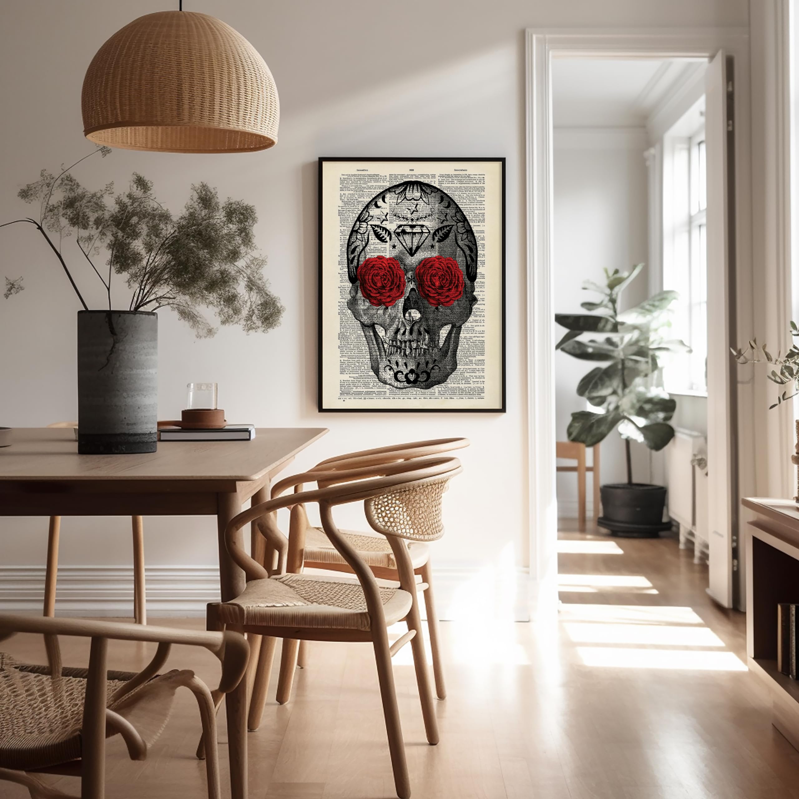Poster Master Dictionary Art Poster - Flowery Eyes Skull Print - Skeleton Art - Flower Art - Red Rose Art - Gift For Him, Her -