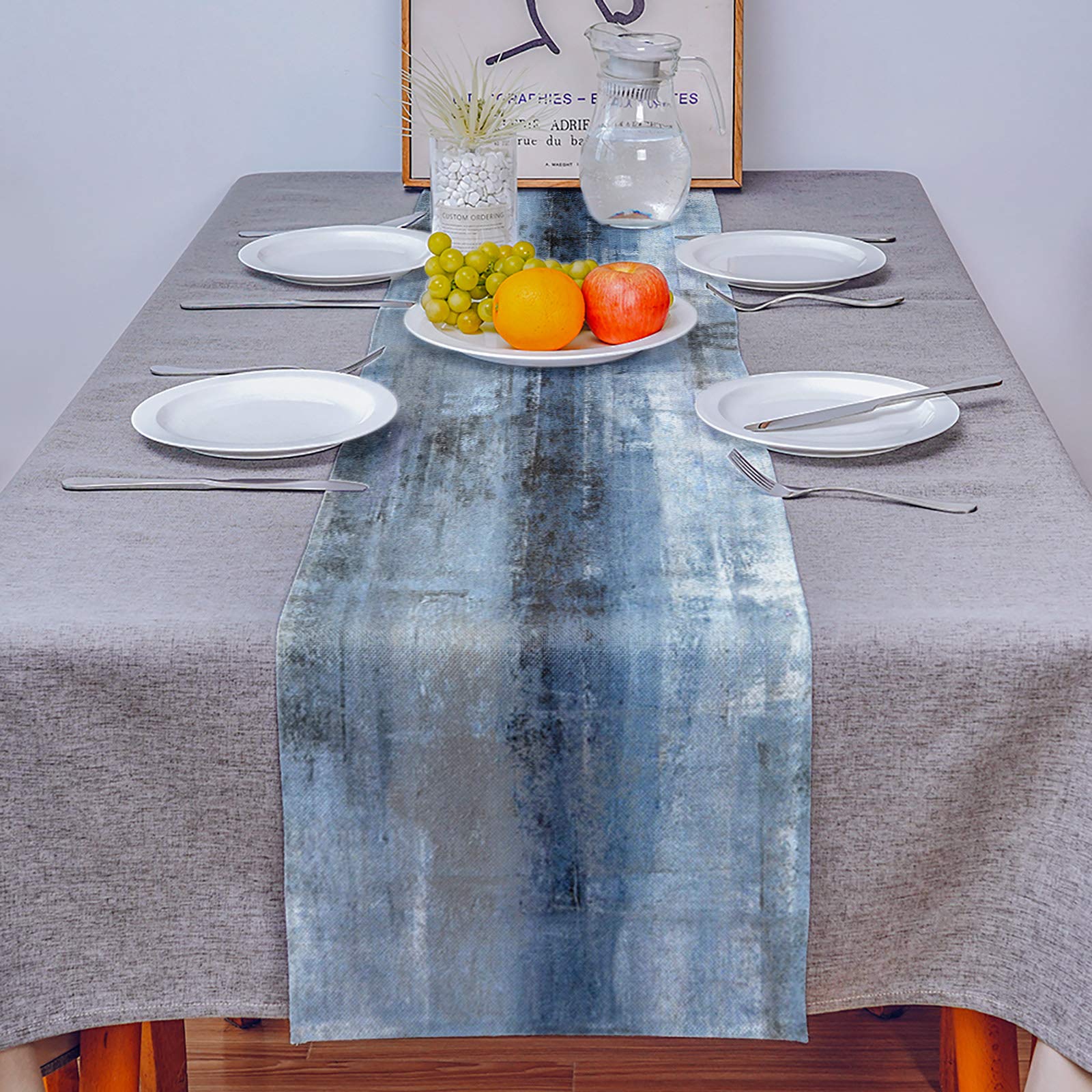 Burlap Linen Table Runner - 70 Inch Long  Retro Rustic Art Abstract Modern Decor Kitchen Dining Table Runner Dresser Scarves  Blue Ombre Painting Farmhouse Decor for Coffee Table Wedding Party Banquet