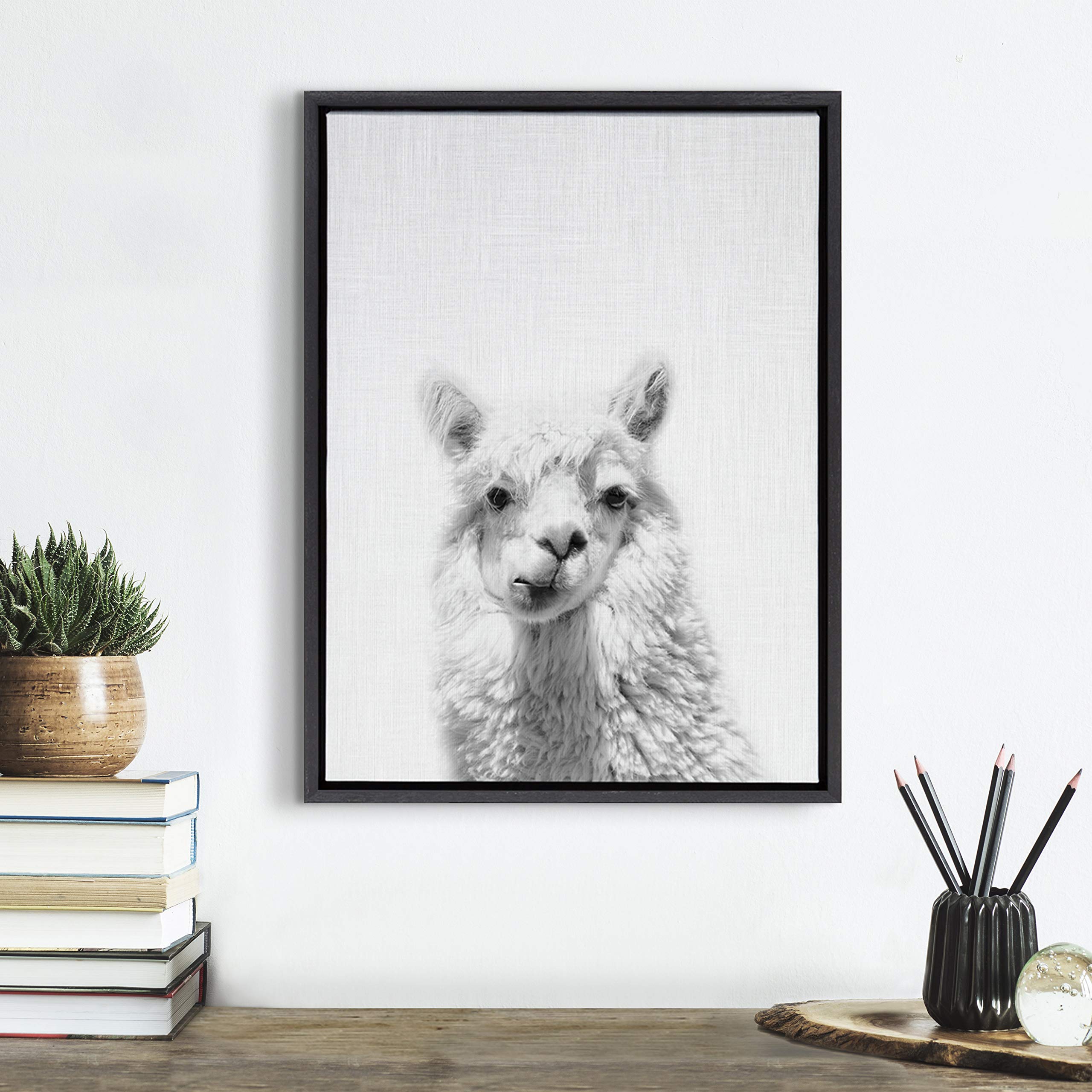 Kate And Laurel Sylvie Alpaca Black And White Portrait Framed Canvas Wall Art By Simon Te Tai, 18X24 Black