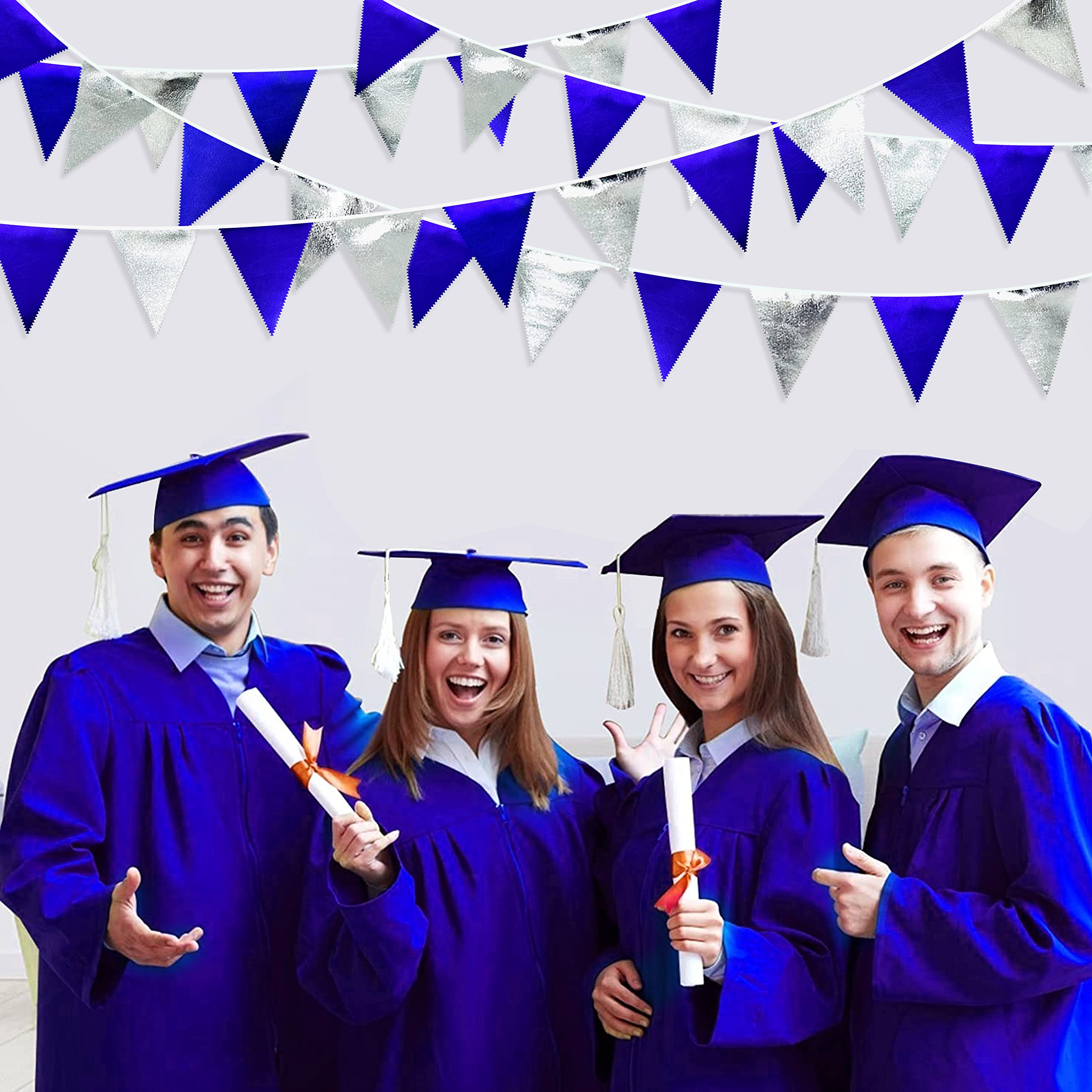 Royal Blue Silver Party Decorations Navy Blue Triangle Pennant Banner Flag Metallic Fabric Bunting Garland For Birthday Graduati