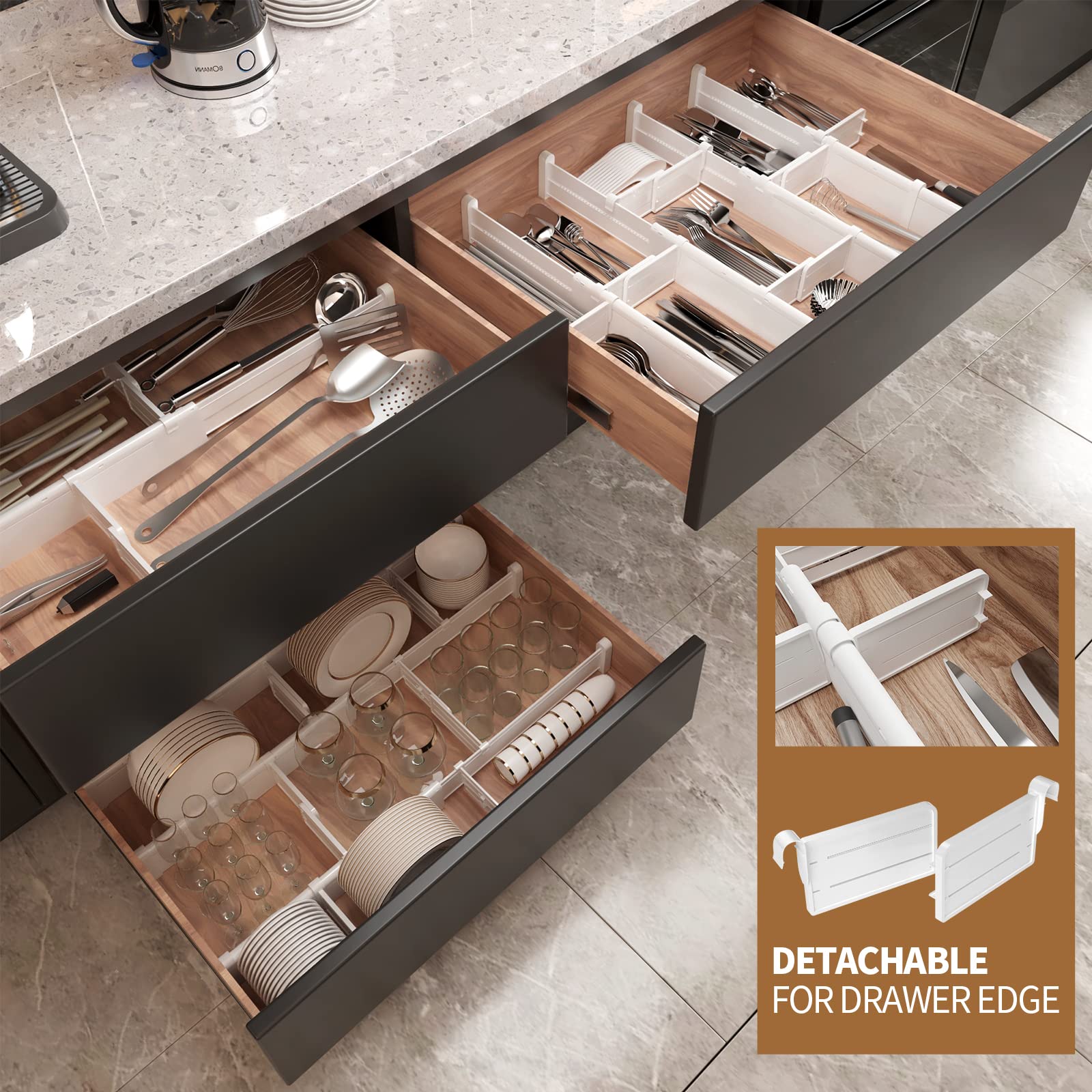 HiYZ Expandable Drawer Dividers with Inserts, Large Kitchen Utensils Drawer Divider, 2.36'' High Adjustable Drawer Organizers Se