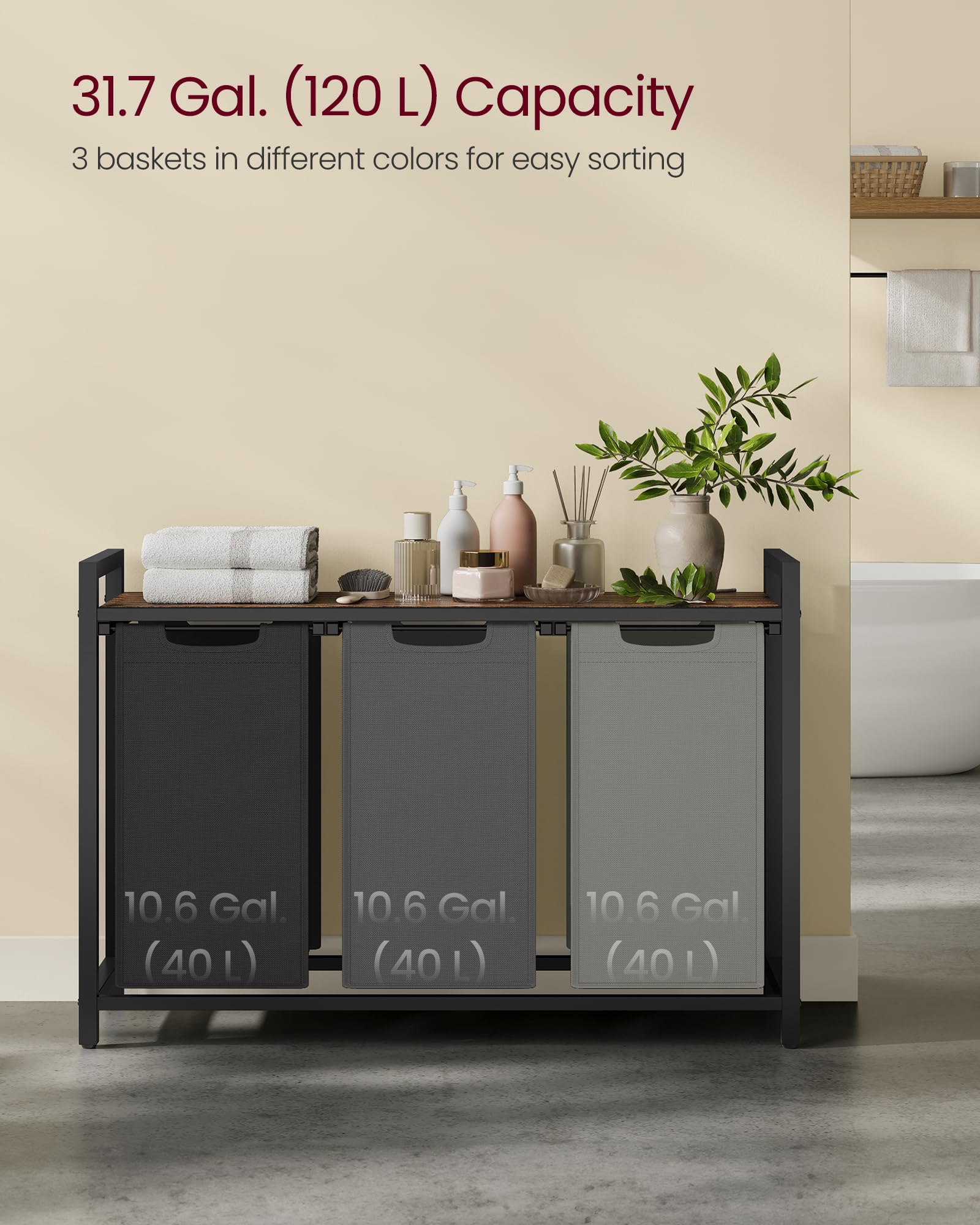 Vasagle Laundry Hamper, Laundry Basket, Laundry Sorter With 3 Pull-Out And Removable Bags, Shelf, Metal Frame, 3 X 10.6 Gallons