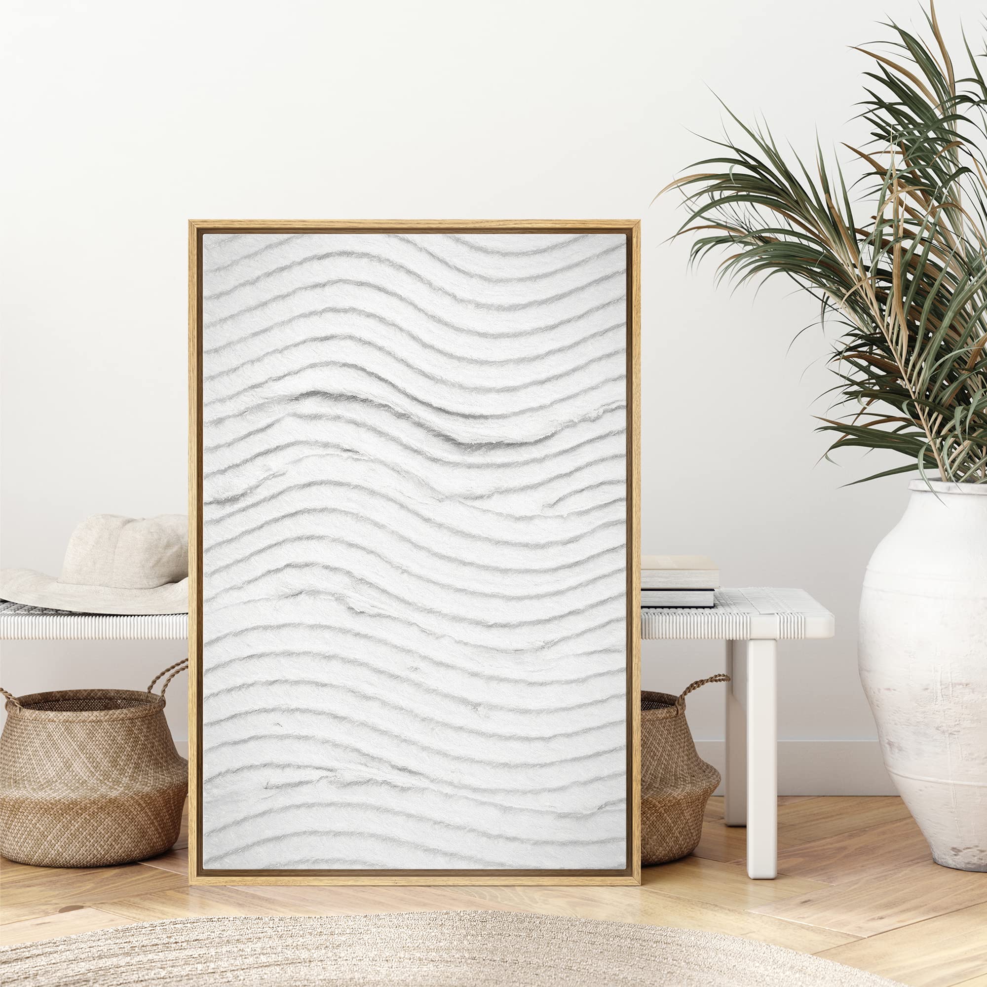 Signwin Framed Canvas Print Wall Art Grunge White Gray Minimal Wave Collage Abstract Shapes Digital Art Modern Art Decorative El