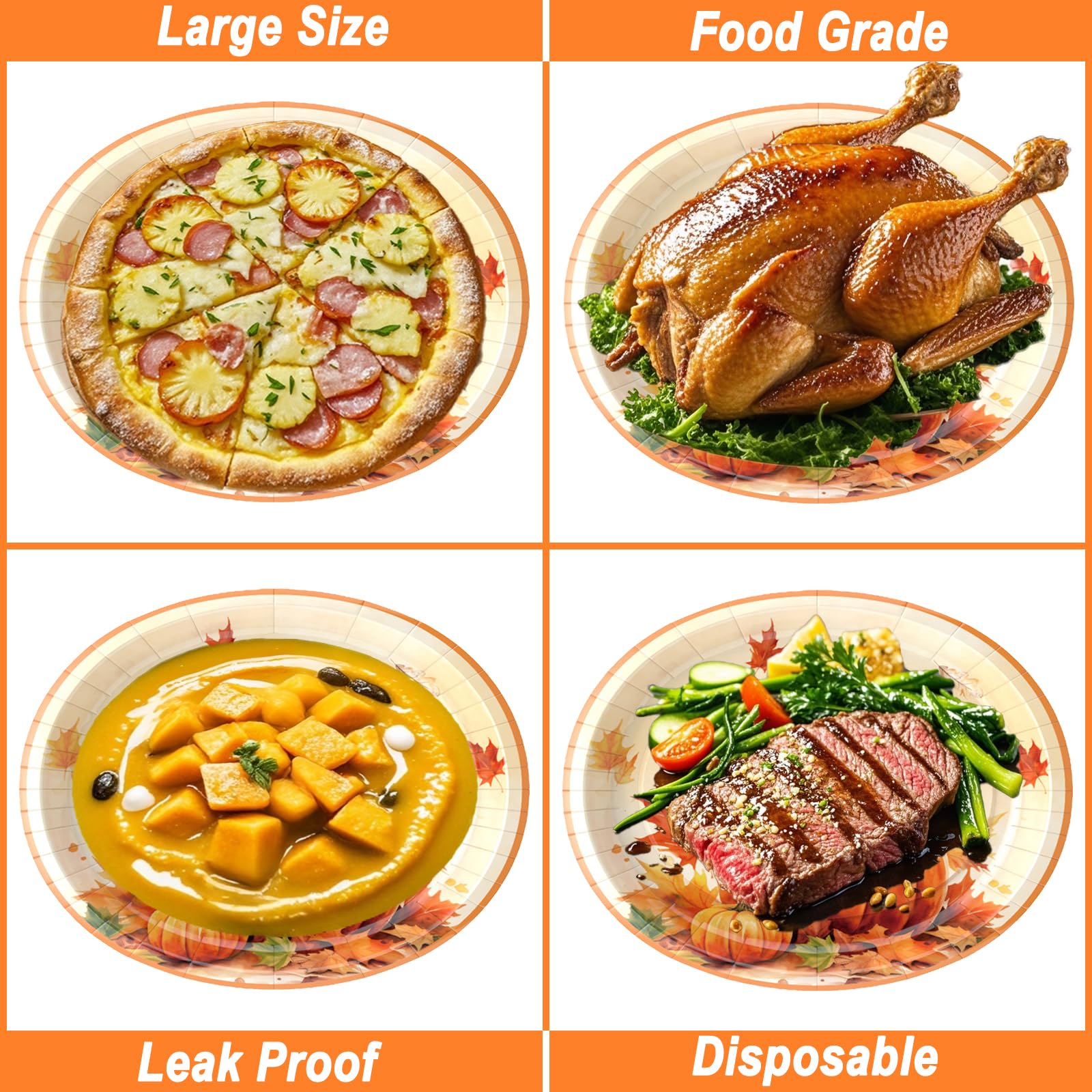 UODBUYO 100Pcs Thanksgiving Oval Paper Plates and Napkins Set,10 x 12 Large Disposable Plates for Thanksgiving Party