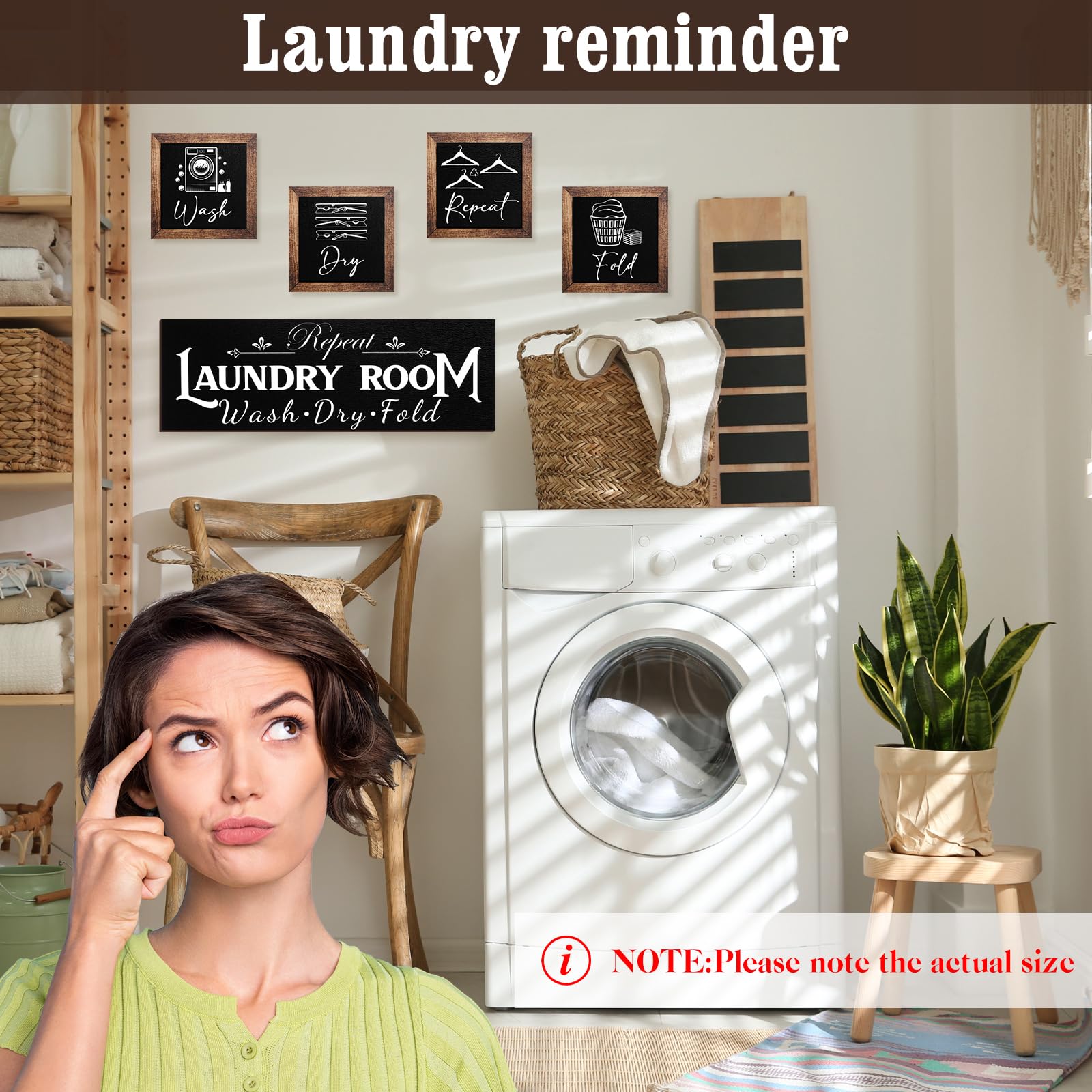 Yerliker Set of 5 Laundry Room Decor for Wall Laundry Room Sign Farmhouse Wooden 4.7 x 4.7 Inch Wash Dry Fold Repeat Signs Rusti