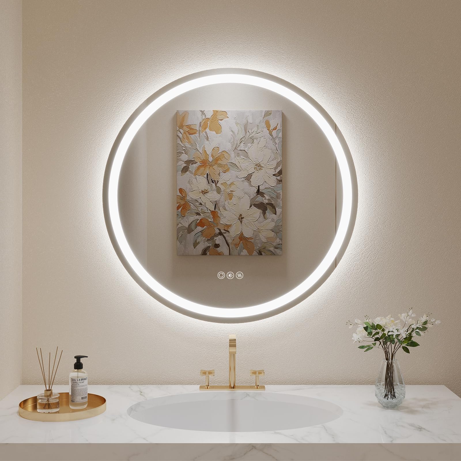 Lovespejo 24'' Round Led Mirror For Bathroom Front And Backlit Wall Mounted Bathroom Mirror With Lights, Anti-Fog, Stepless Dimm