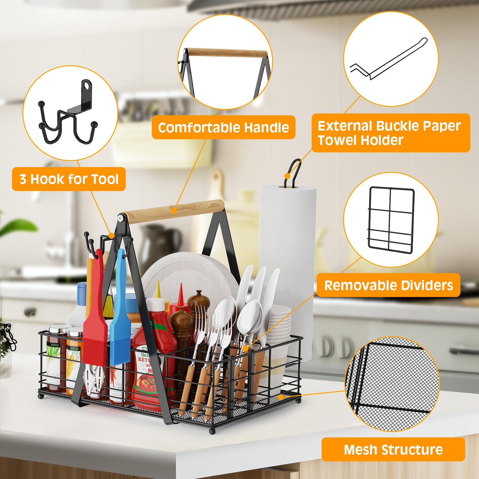 Grill Caddy With Paper Towel Holder, Picnic Bbq Condiment Utensil Organizer Caddy For Outdoor Kitchen, Rv, Camping Accessories,