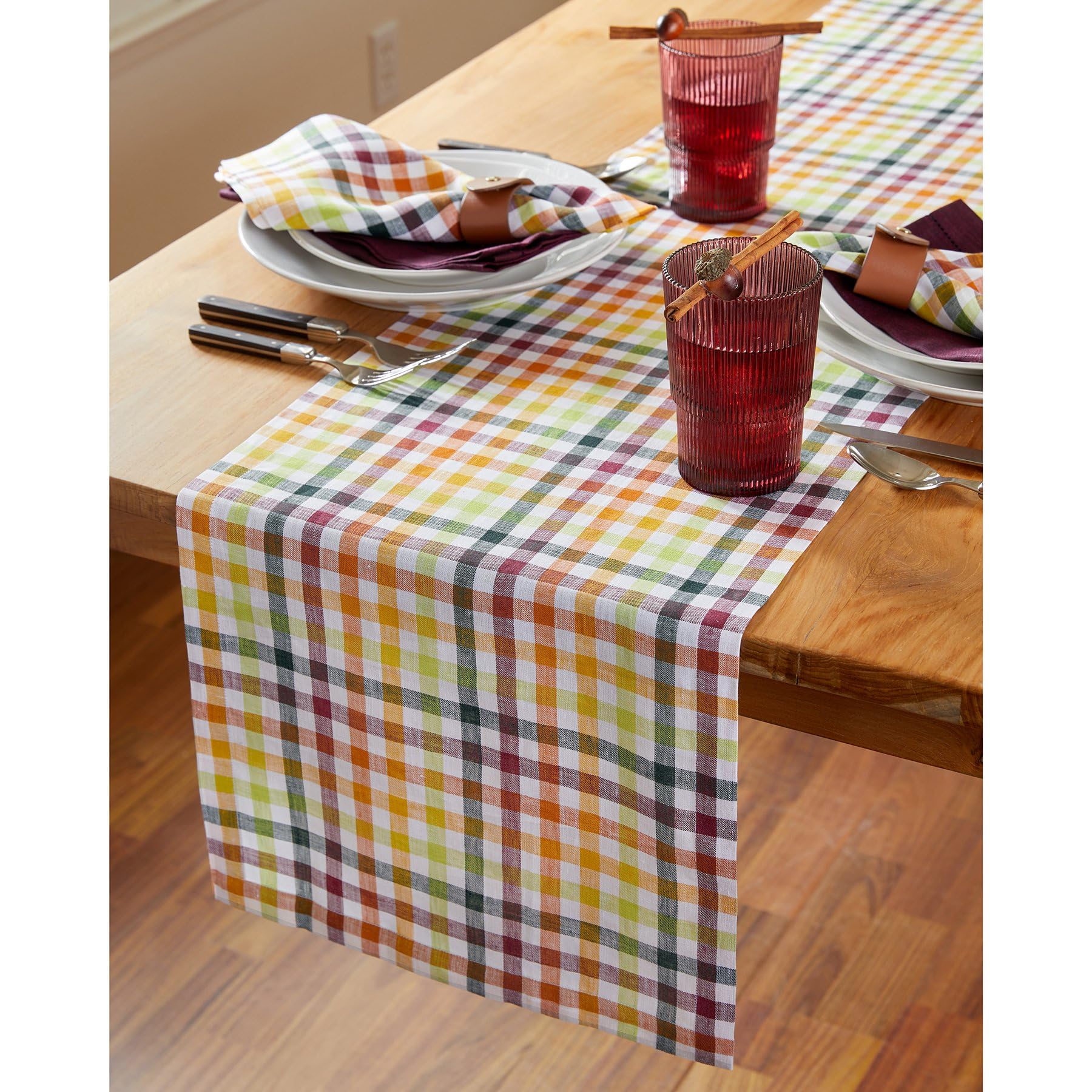 Solino Home Check Linen Table Runner 90 Inches Long - 100% Pure Linen Multicolor Plaid Table Runner 14 X 90 Inch Ideal For Weddi