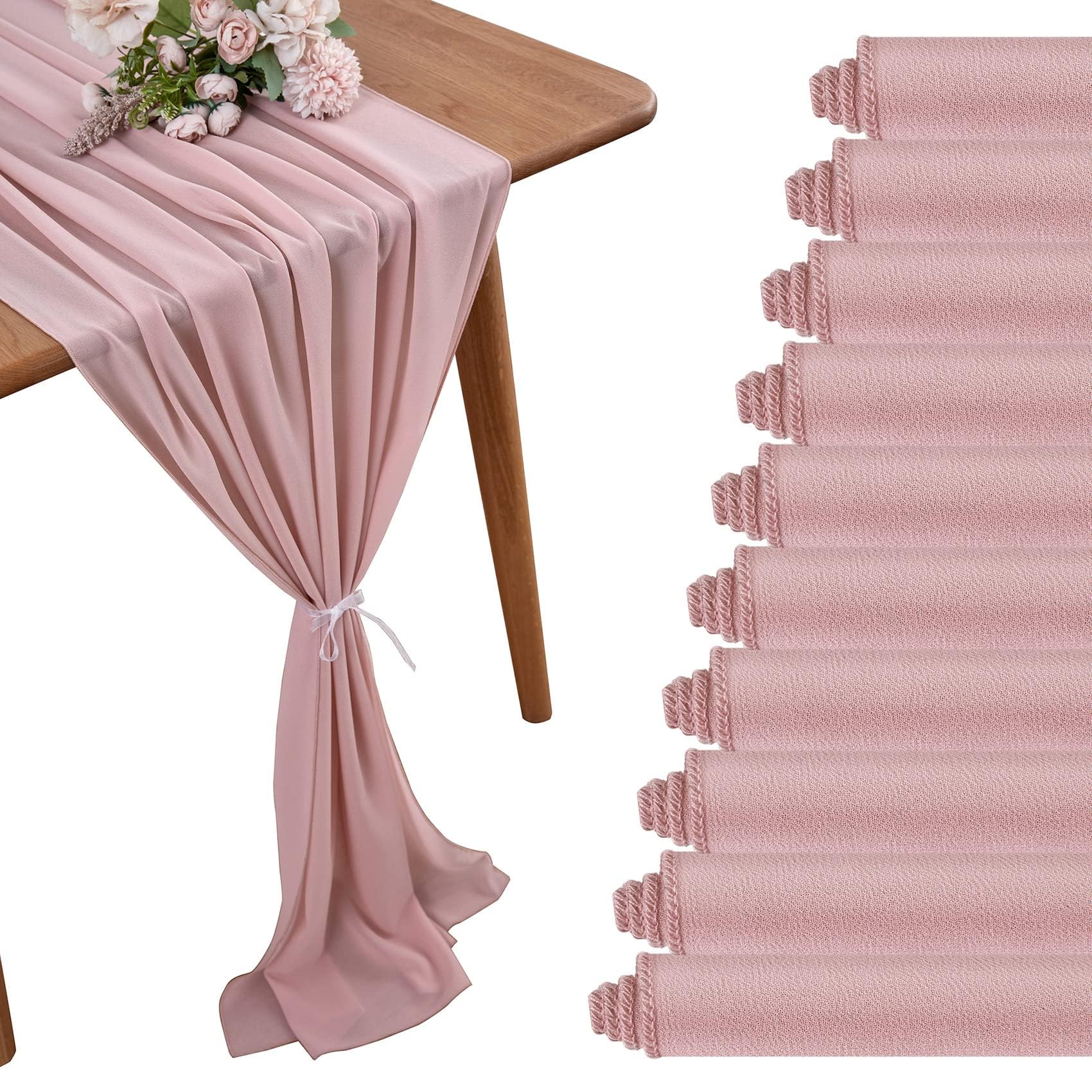 BEDDEB 10Ft Dusty Rose Chiffon Table Runner Sheer Wedding Table Runner 29x120 Inches Romantic Tulle Table Runner for Boho Rustic Wedding Decor Birthday Party Bridal Baby Shower Table Decoration
