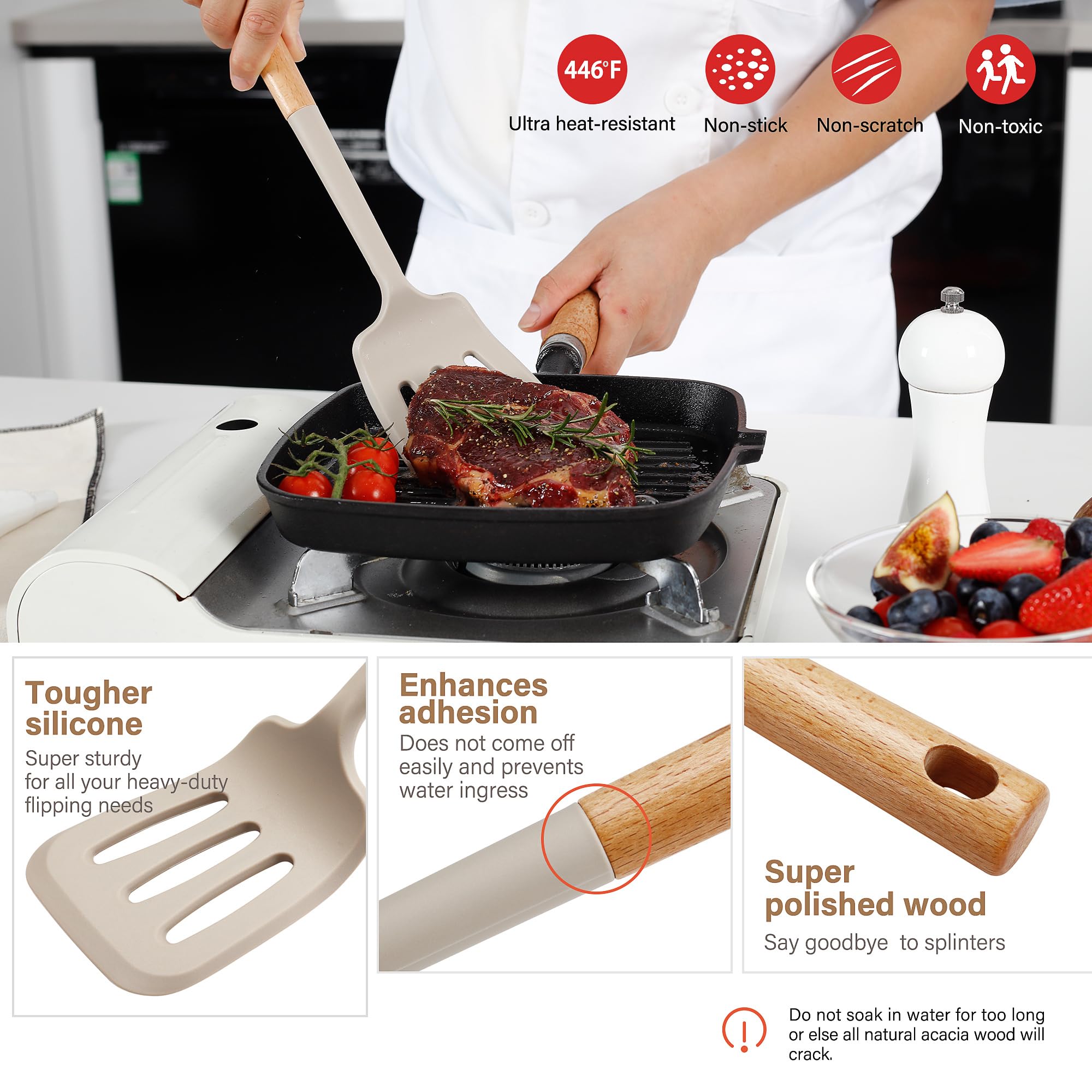 Ncue Kitchen Utensils Set, Large Non-Stick Silicone Cooking Utensils Set 6 Pcs, Wooden Handle Heat Resistance Silicone Spatula S