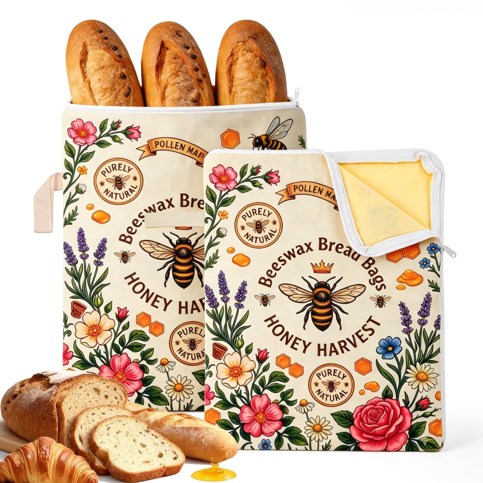 2 Pack Reusable Beeswax Bread Bags for Homemade Sourdough, 13x17 Organic Linen & Cotton Bread Storage Bag with Zip Seal, Natur