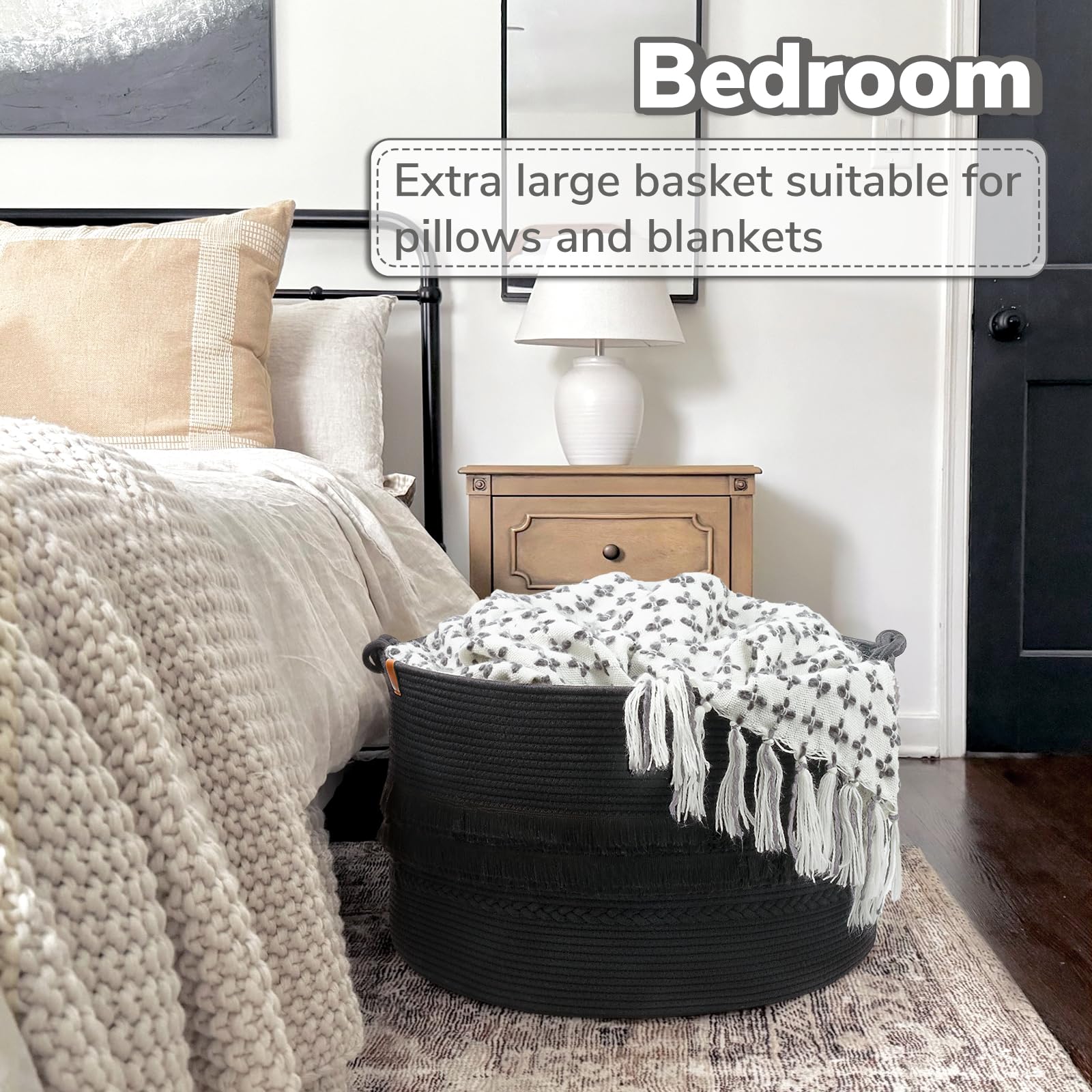 Cherrynow Extra Large Black Laundry Basket, Rope Storage Basket For Bathroom, Bedroom, Living Room, Entryway, Big Blanket Basket